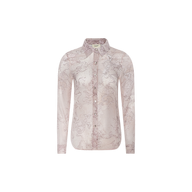 Laurent Blouse: A light pink sheer poly chiffon long-sleeve button-up blouse featuring a delicate swirling lace print and relaxed fit.