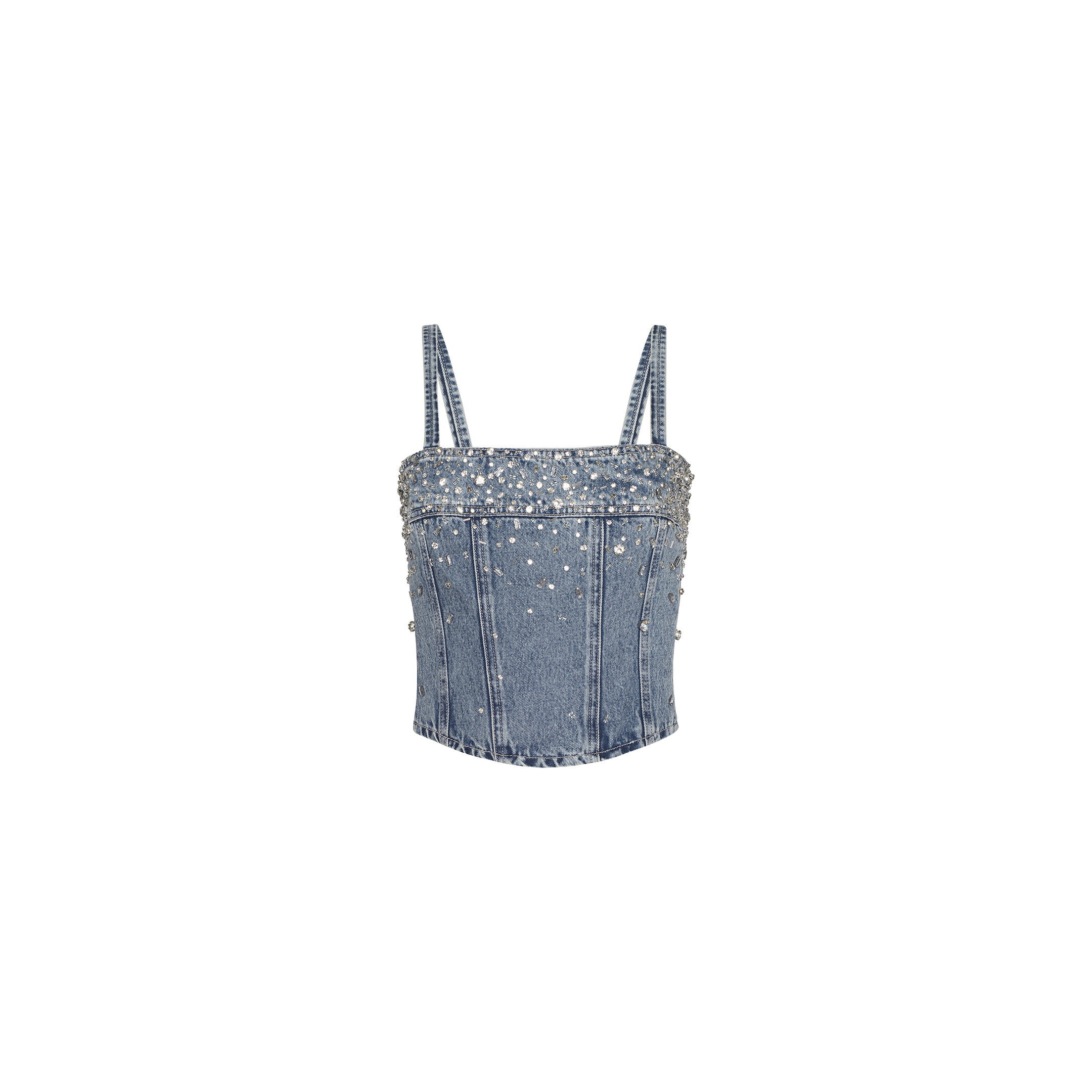 The Arlin Embellished Tank is a cropped denim corset top featuring thin straps and decorative crystal studs, shown against a plain white background.