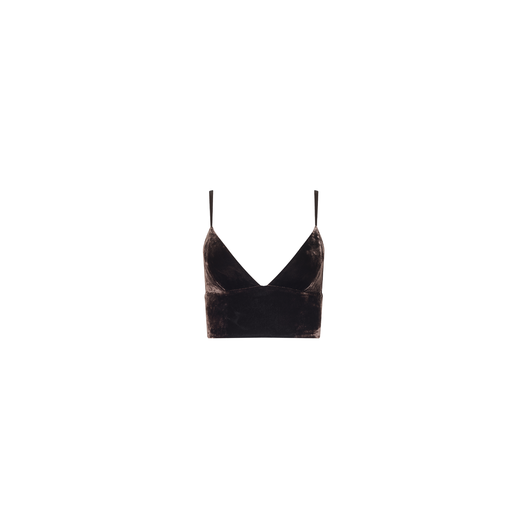 The Aislin Velvet Bralette in black features thin adjustable straps and a deep V neckline, showcased against a plain white background.