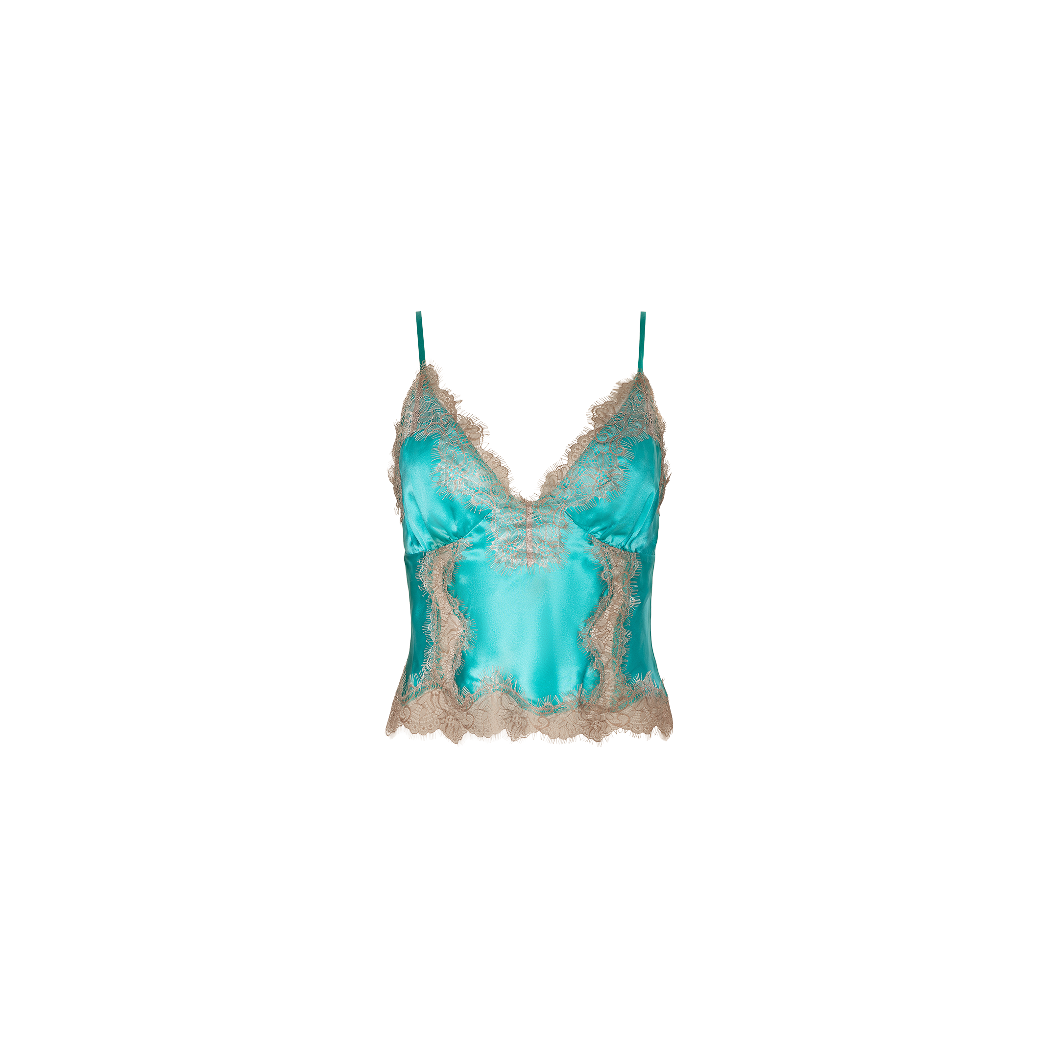 The Kimber Silk Lace Camisole is a turquoise satin camisole featuring thin straps and beige lace trim along the neckline and hem, displayed on a plain white background.