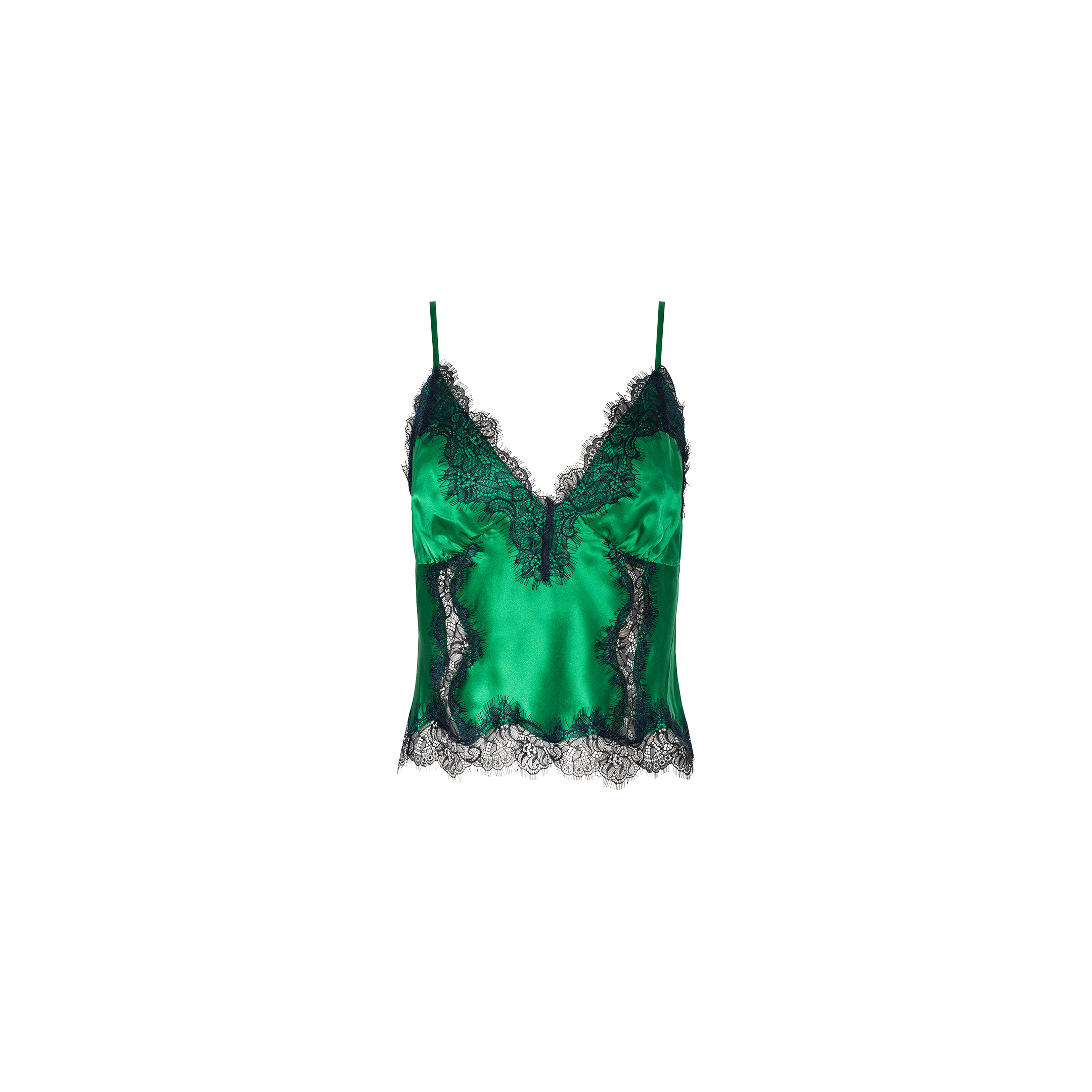 Kimber Silk Lace Camisole in green satin with black lace trim, featuring thin spaghetti straps and a V-neckline, displayed against a plain white background.