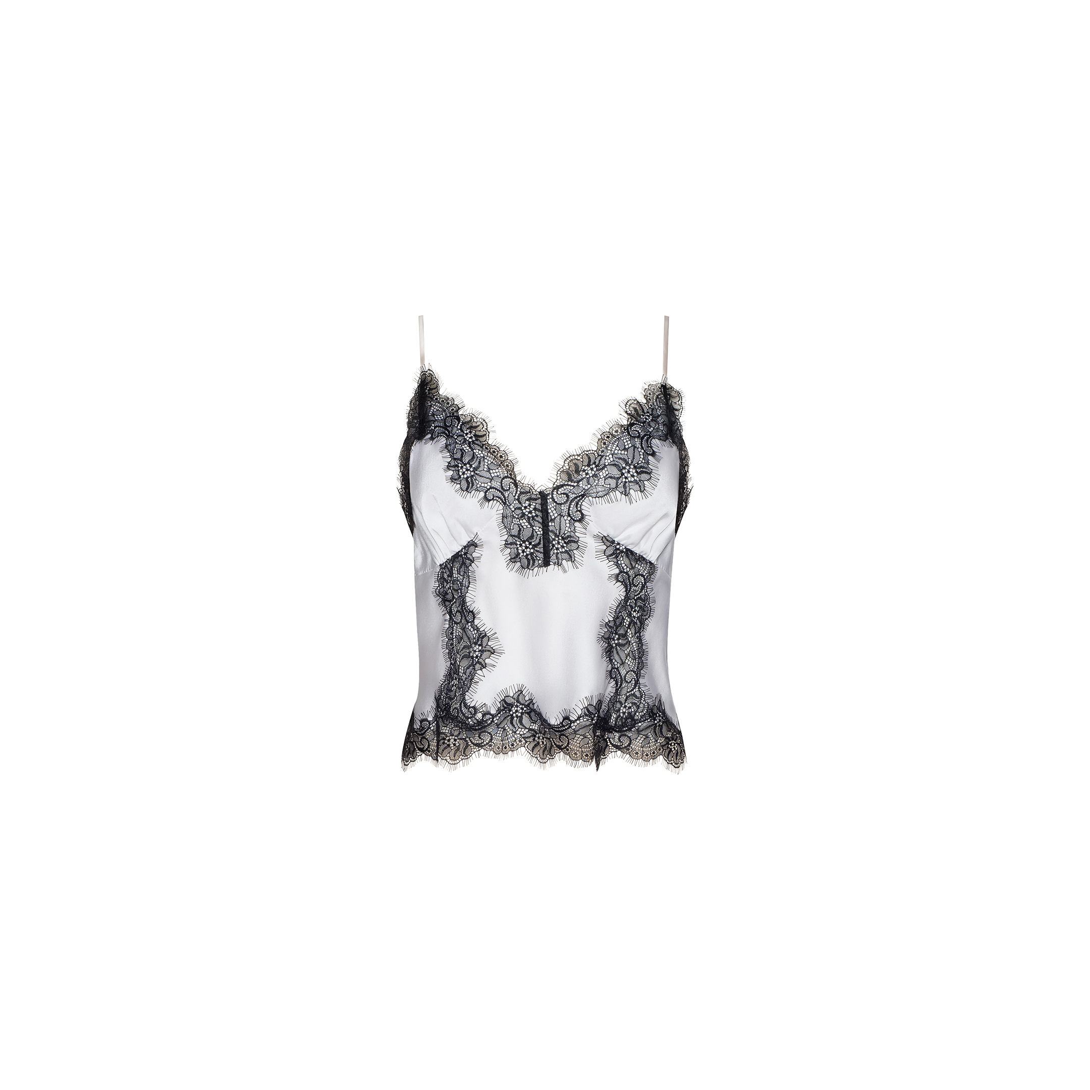 The Kimber Silk Lace Camisole is a white satin camisole with thin straps, featuring intricate black lace trim along the neckline, hem, and sides.