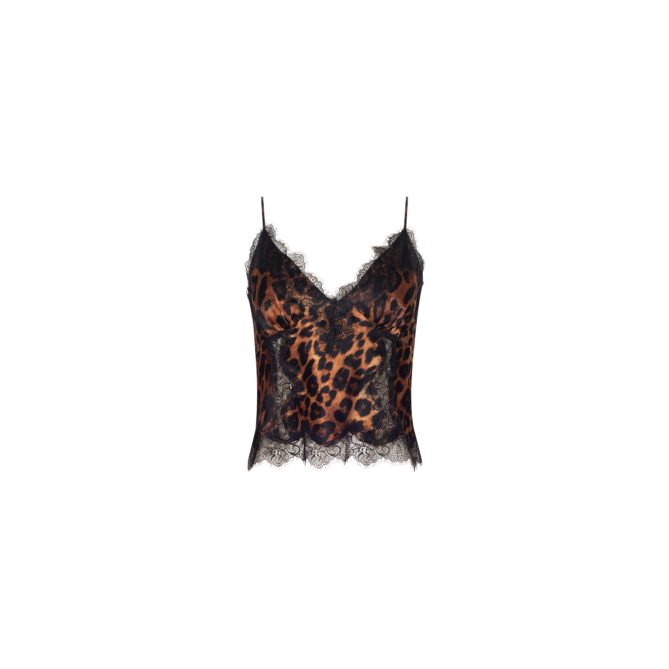 The Kimber Silk Lace Camisole features a striking leopard print with delicate black lace trim accenting the neckline and hem. Designed with thin spaghetti straps and a fitted, cropped silhouette, this camisole is showcased against a plain white background.