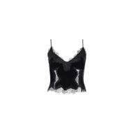 Kimber Velvet Lace Camisole featuring black velvet fabric, thin straps, and delicate lace trim along the neckline and hem, displayed on a white background.
