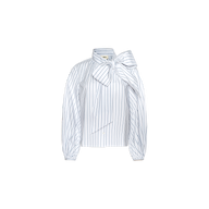 The Deon Tie-Neck Blouse is a white blouse with blue vertical stripes, featuring blouson sleeves, buttoned cuffs, and an oversized tie-neck detail at the collar.