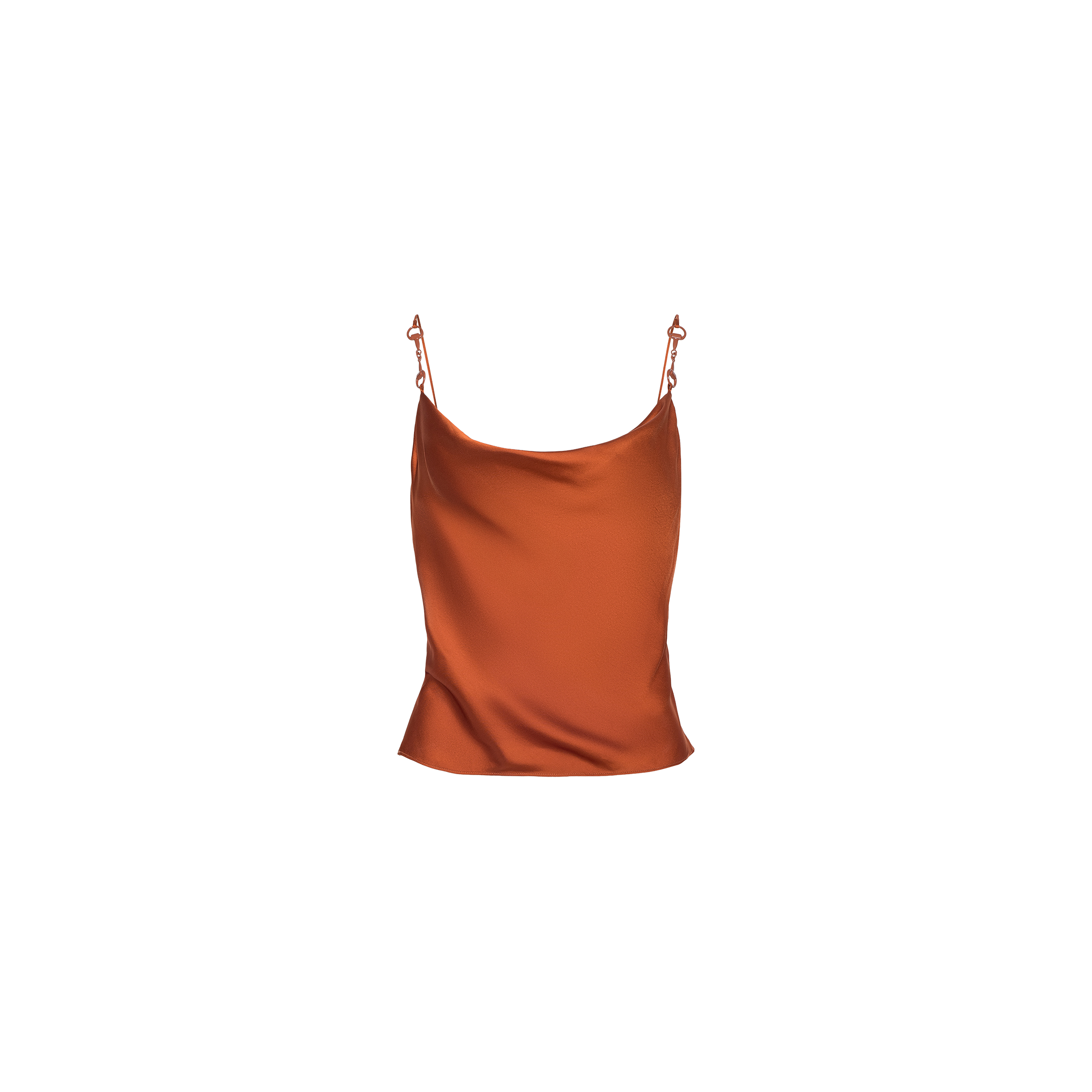 The Calista Satin Camisole features a cropped silhouette in a luxurious rust satin, finished with delicate adjustable spaghetti straps, and is shown against a plain white background.