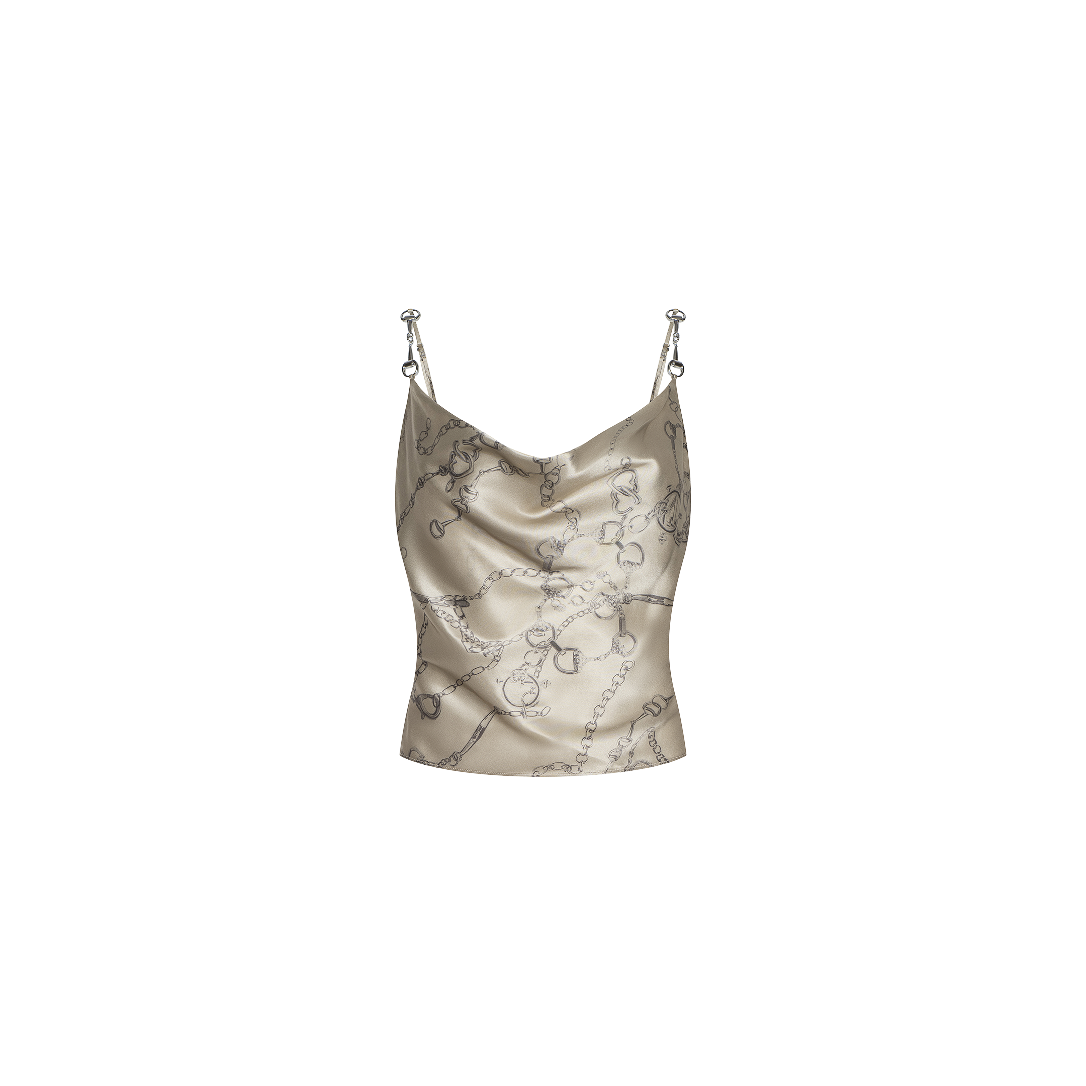 The Calista Silk Camisole is a beige cropped top featuring a cowl neckline, thin shoulder straps, and an elegant horse bit chain print on the fabric. Shown against a plain white background.