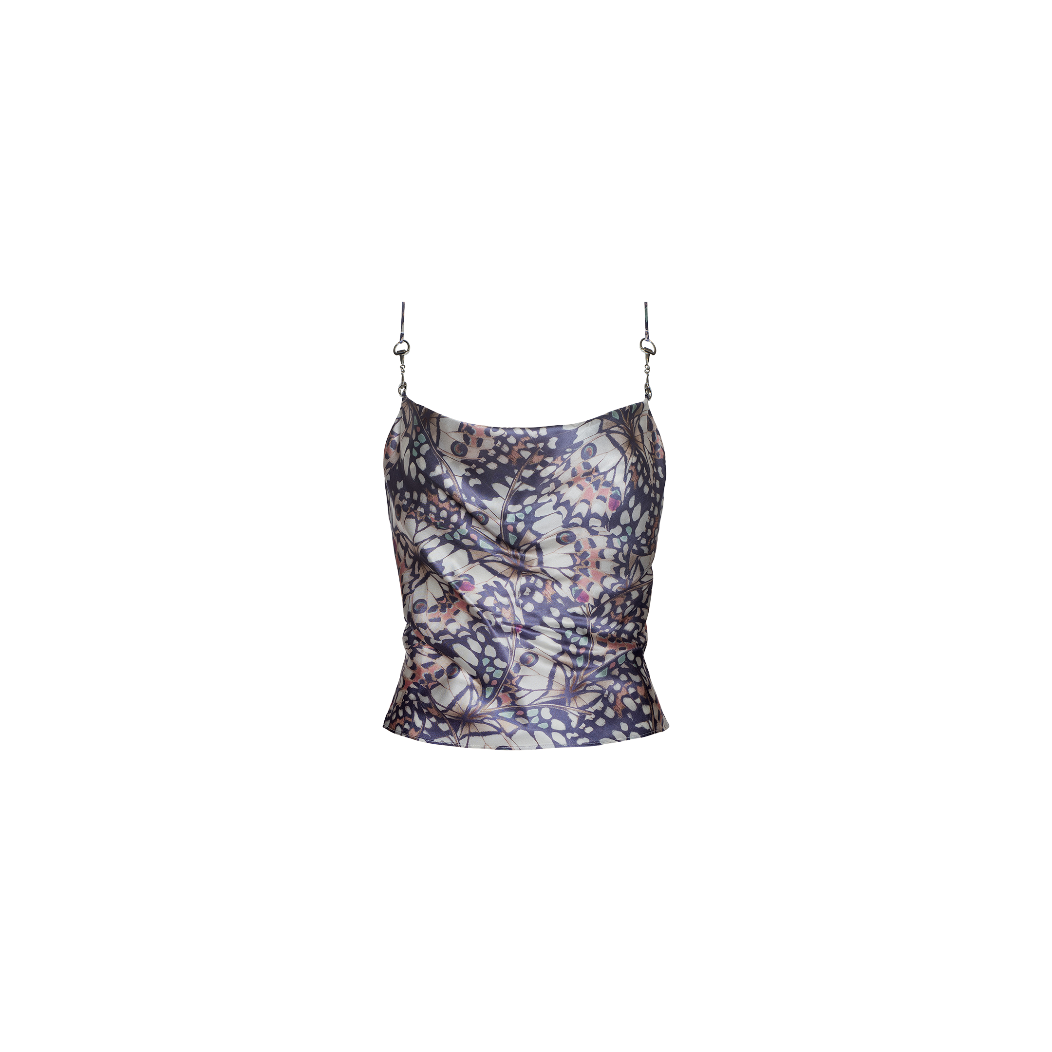 The Calista Satin Camisole features a sleeveless, cropped design with thin, adjustable shoulder straps and a multicolored abstract pattern inspired by butterfly wings on a white backdrop. The sides are ruched for added texture.
