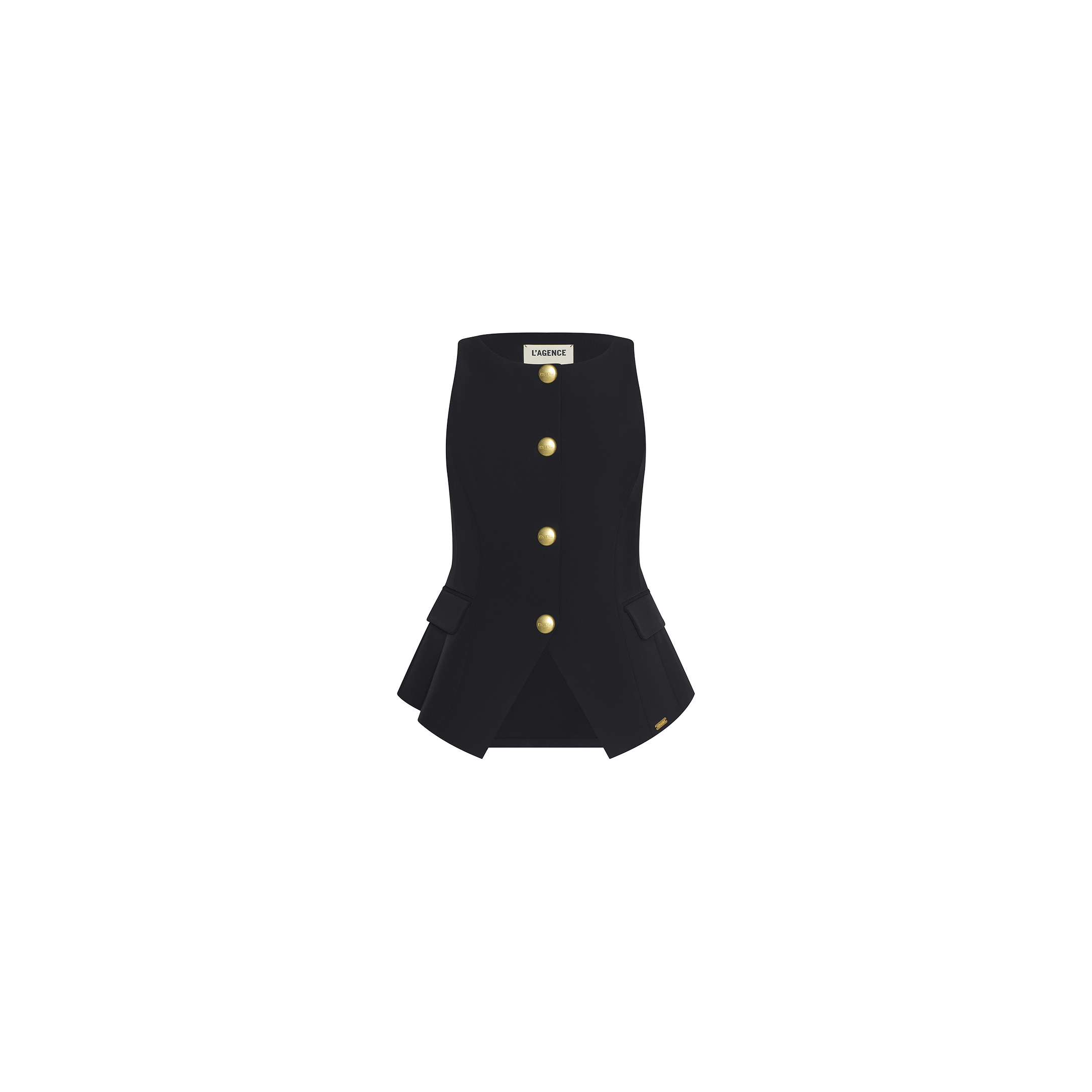 The Tessa Vest is a sleeveless black suit vest crafted from stretch suit fabric, featuring gold buttons, front pockets, and a TOM FORD label at the neck, displayed on a plain white background.
