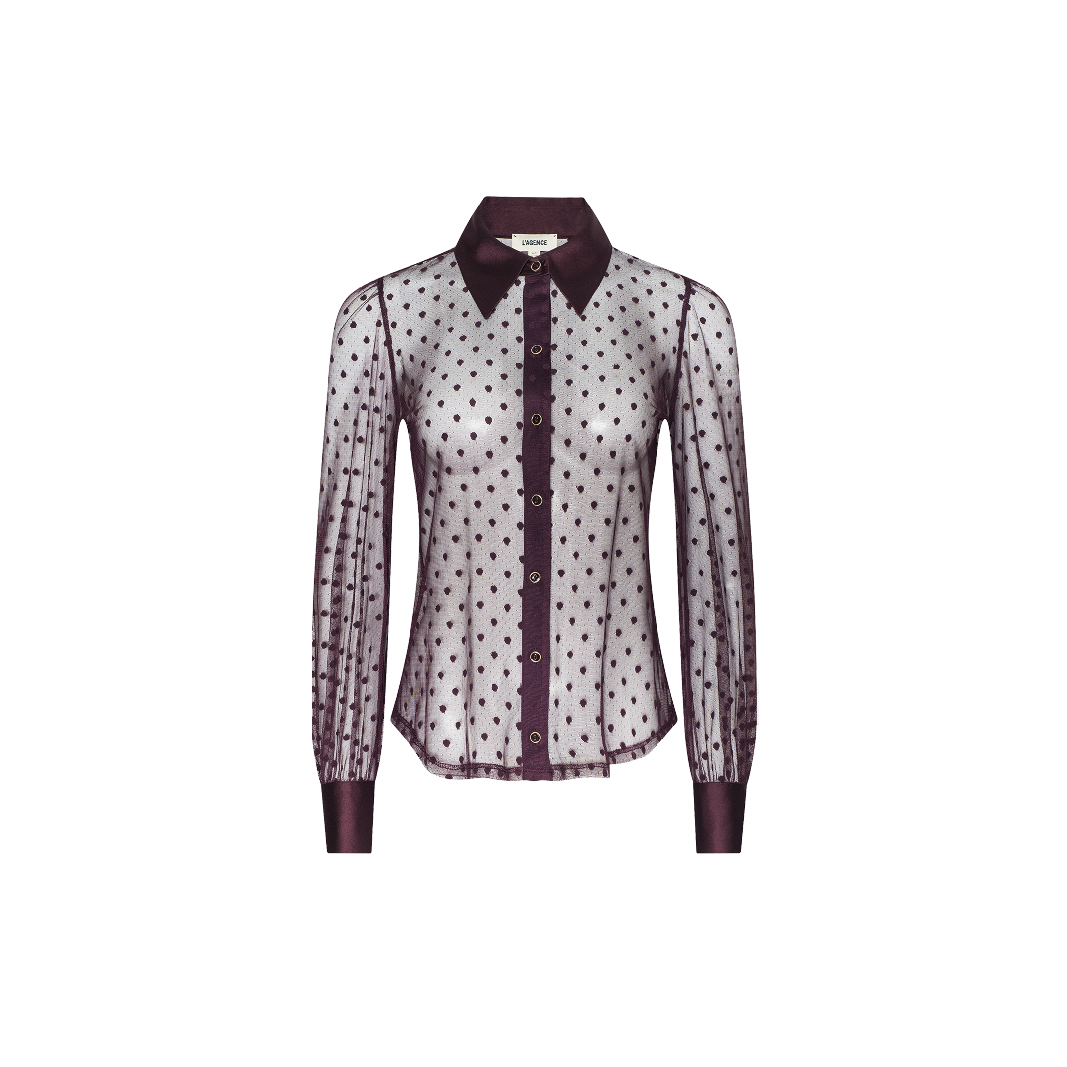 The Sophie Swiss Dot Blouse is a sheer long-sleeved top adorned with a delicate polka dot pattern, featuring maroon accents on the collar, cuffs, and button placket, and is showcased against a plain white background.