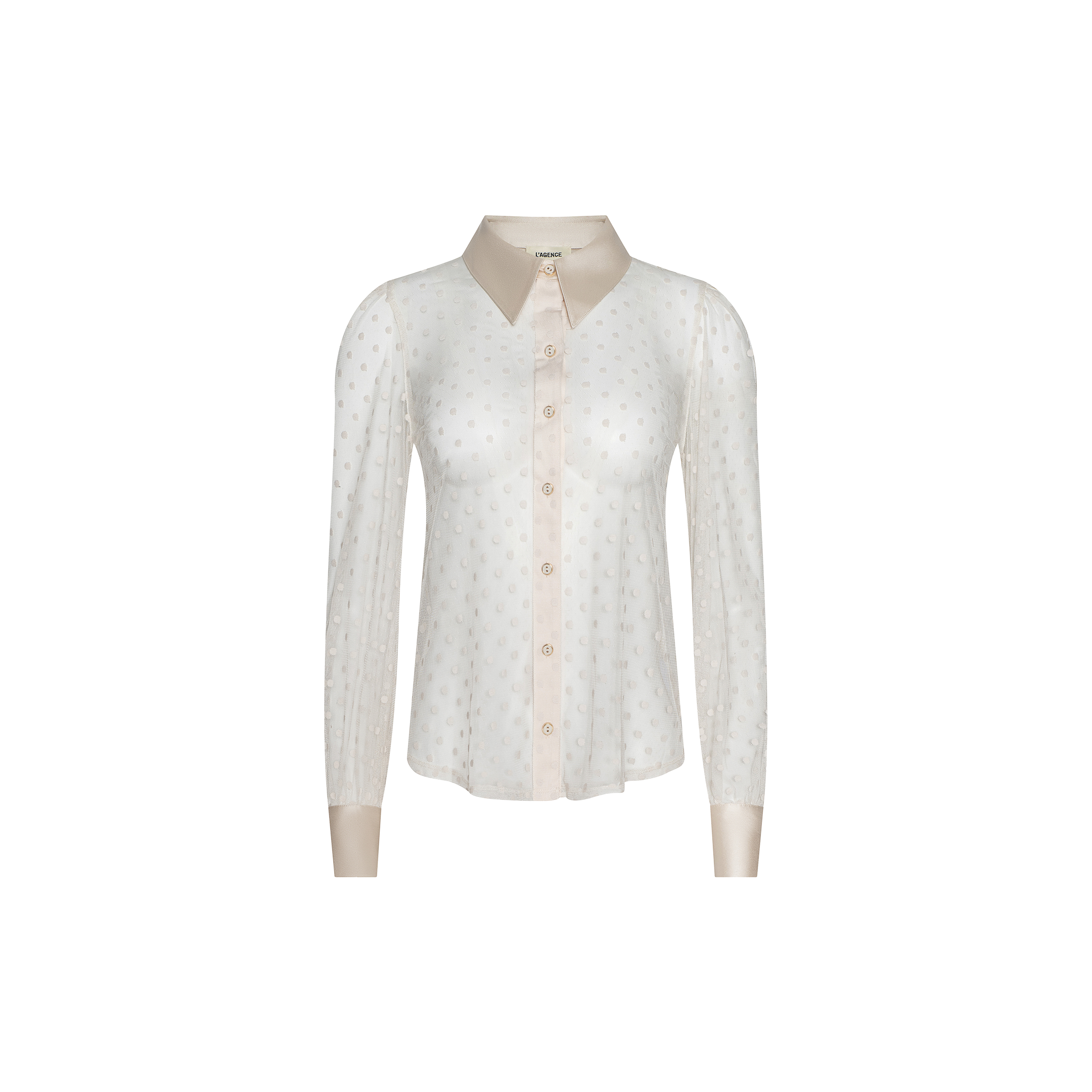 The Sophie Long-Sleeved Blouse features a sheer white fabric with a subtle swiss dot pattern, complemented by satin cuffs and collar. This delicate, feminine top offers long sleeves and a button-down front for an elegant finish.