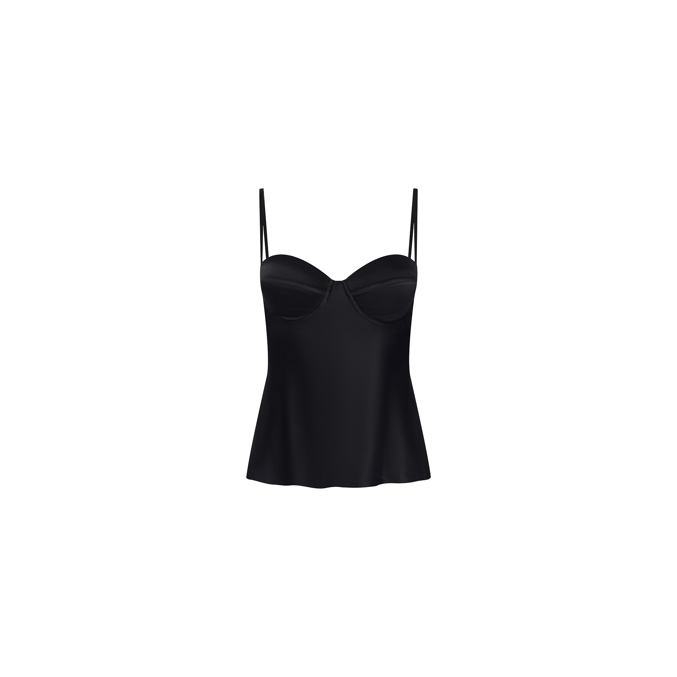 The Orlina Silk Camisole is a black top featuring thin spaghetti straps, underwire cups, and a slightly flared hem, displayed on a plain white background.