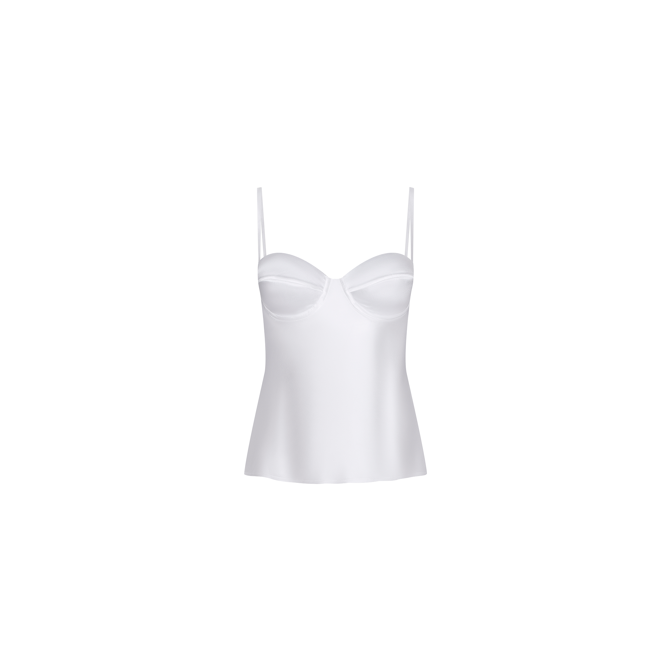 The Orlina Silk Camisole is a white satin camisole with thin spaghetti straps and a structured bust featuring underwire cups, making it an all-season essential. Shown on a plain white background.
