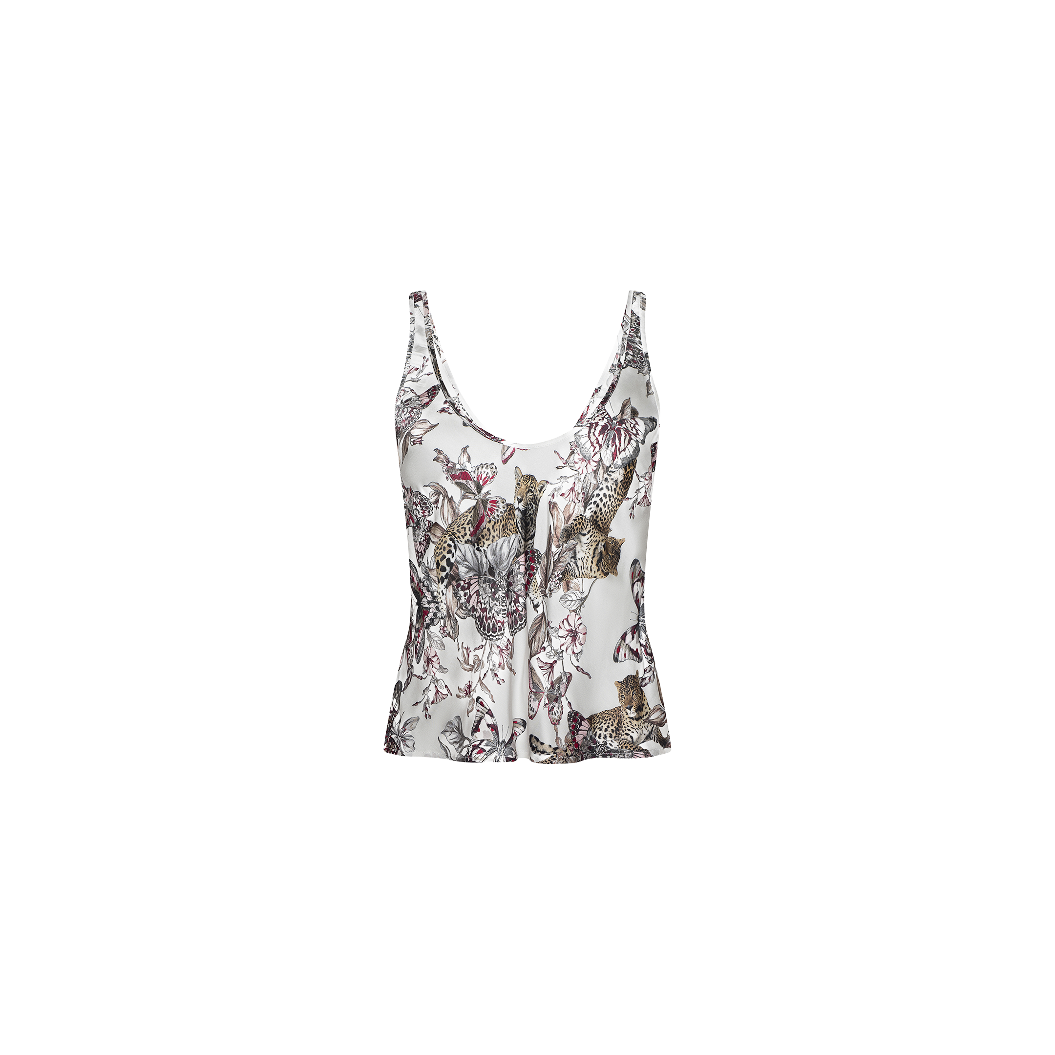 Eddie Tank: Sleeveless white satin top with a deep V-neckline, featuring an intricate and vibrant multicolored animal and floral print on bias-cut fabric, displayed against a plain white background.