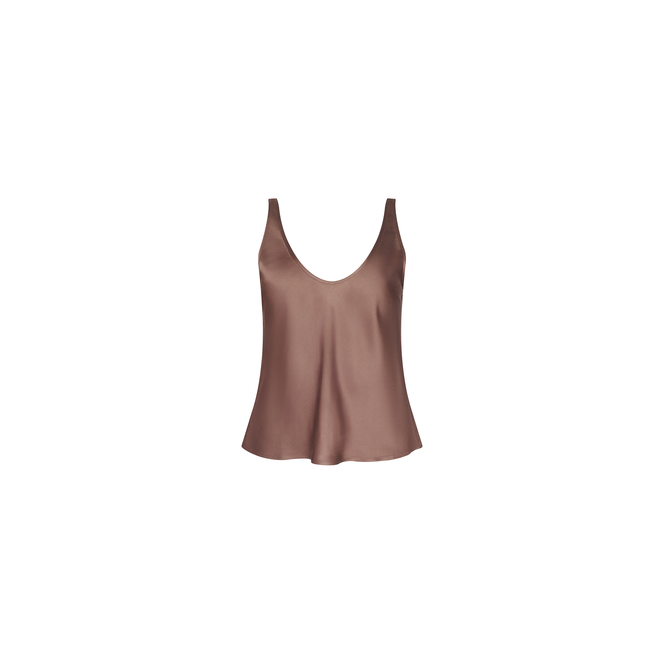 The Eddie Tank is a sleeveless camisole top in bias-cut, cardamom brown satin featuring a scoop neckline, shown against a plain white background.