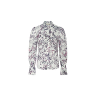 The Eunice Blouse is a long-sleeve button-up with a high neck and ruffled cuffs, showcasing a purple and pink floral print on a white background.