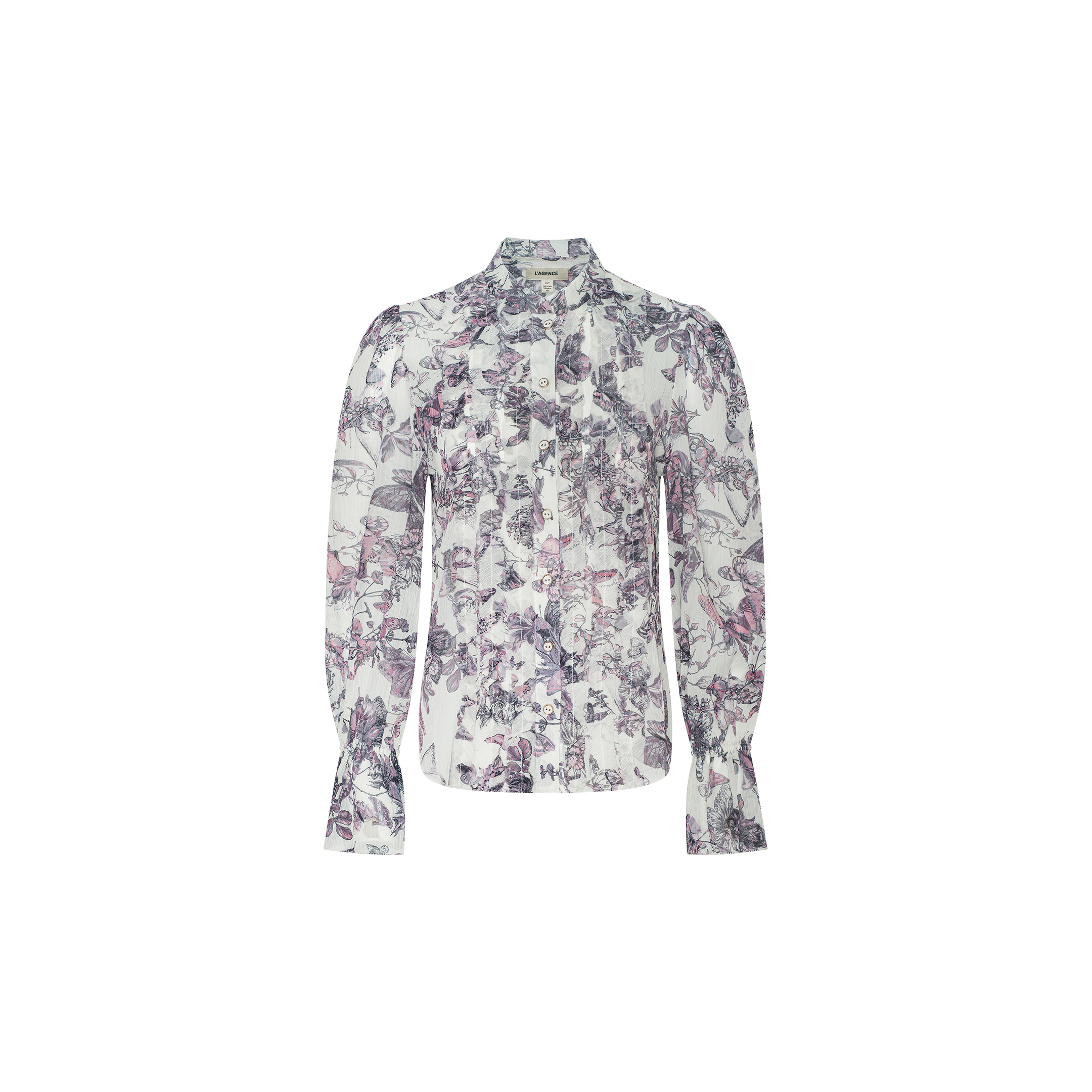 The Eunice Blouse is a long-sleeve button-up with a high neck and ruffled cuffs, showcasing a purple and pink floral print on a white background.