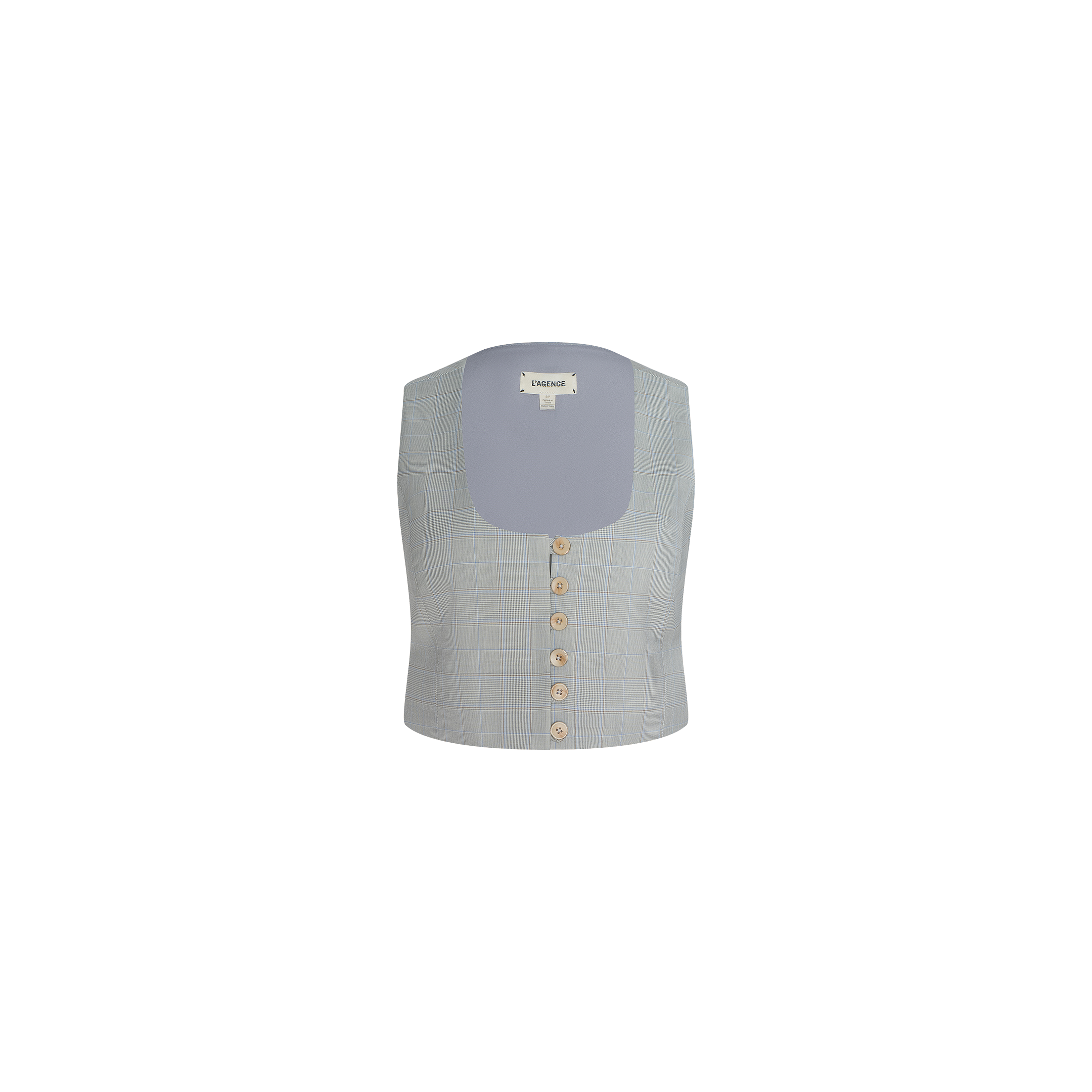 The Arwen Vest is a light gray plaid cropped vest showcasing a scoop neckline and five tan buttons down the front. Expertly crafted from a lightweight wool blend, it’s ideal for layering with your favorite power suit. Shown against a plain white background.