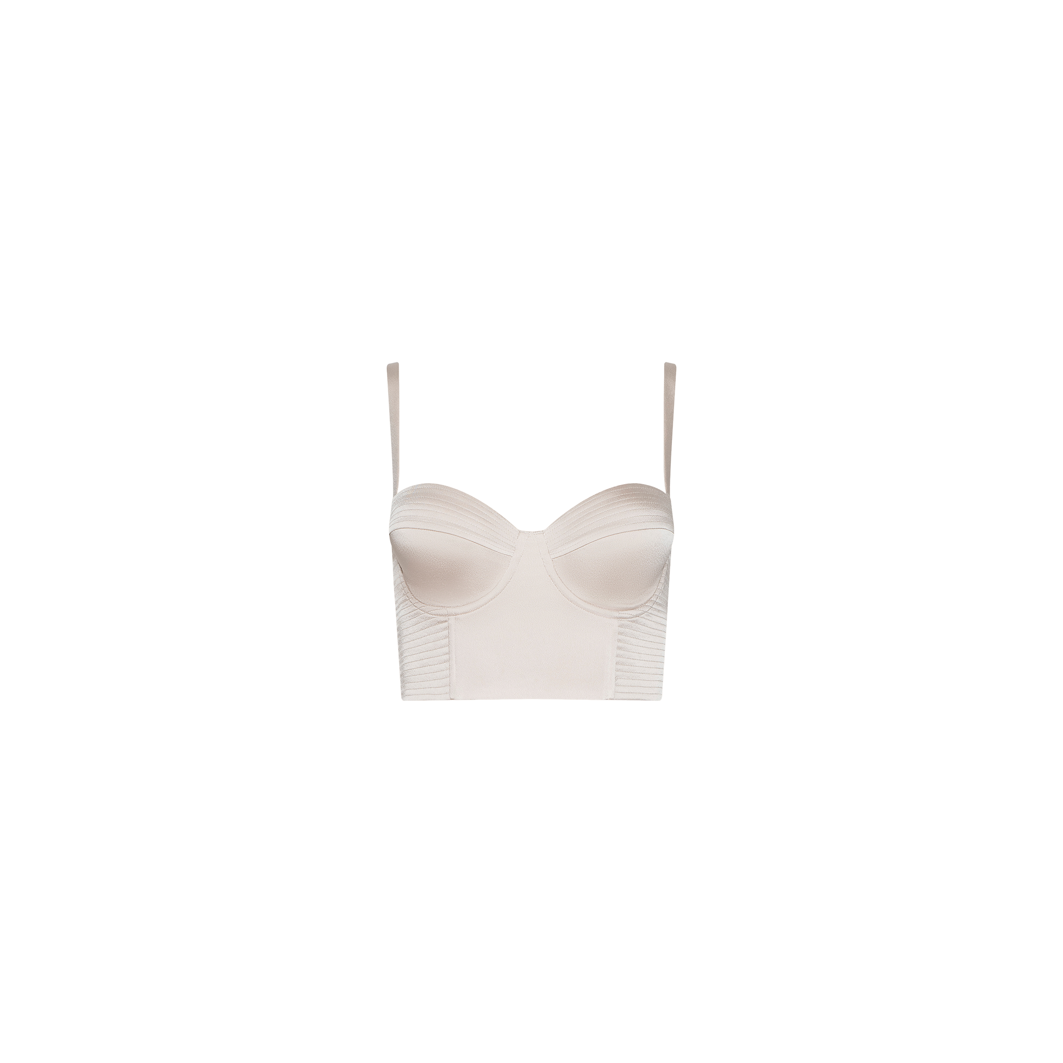 The Nysa Bustier Top is a light beige, bustier-style crop top featuring adjustable straps, structured cups reminiscent of a satin underwire bra, and ribbed detailing along the sides. It is displayed on a plain white background.