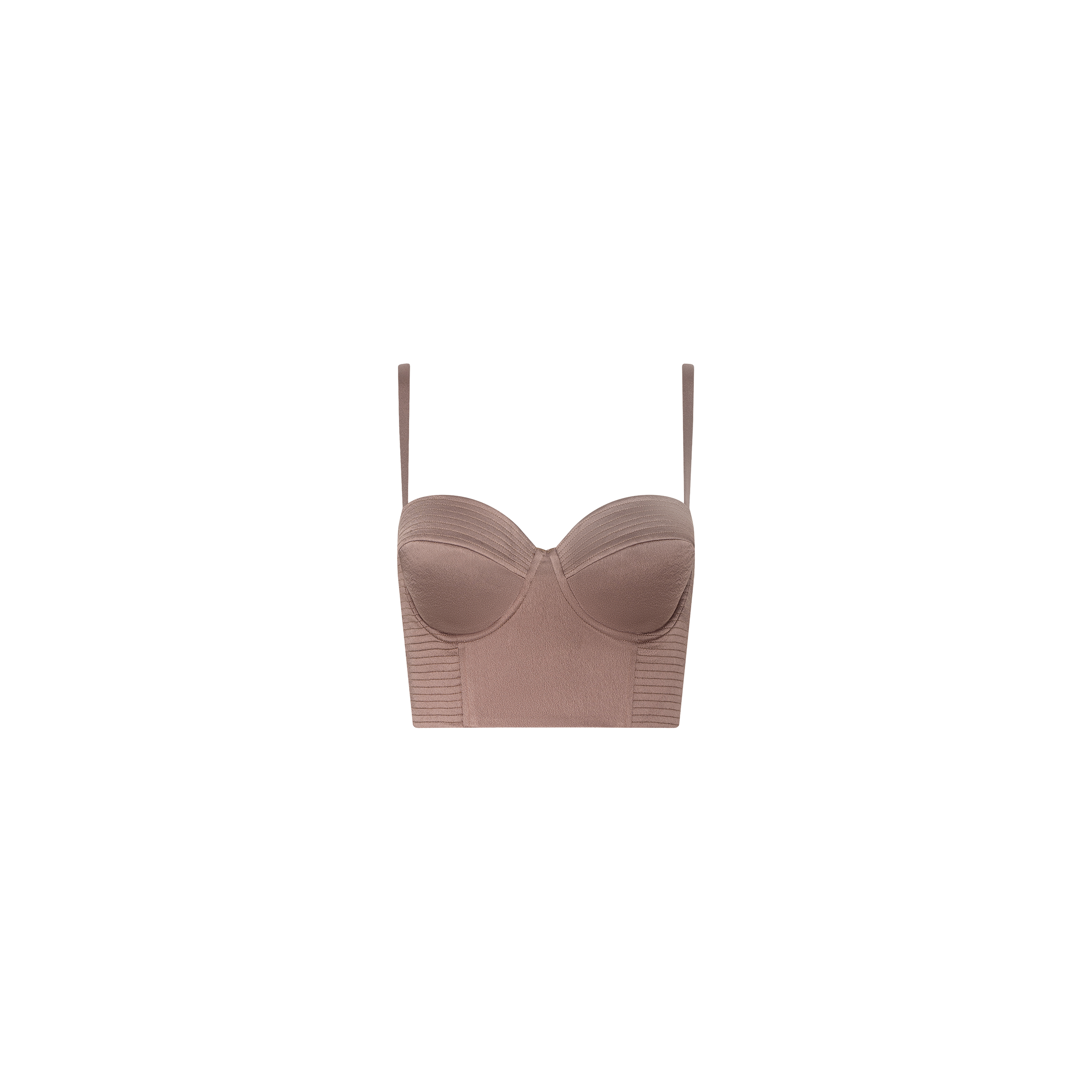 The Nysa Bustier Top in taupe features adjustable straps, structured cups, and a fitted bodice, showcased against a plain white background.