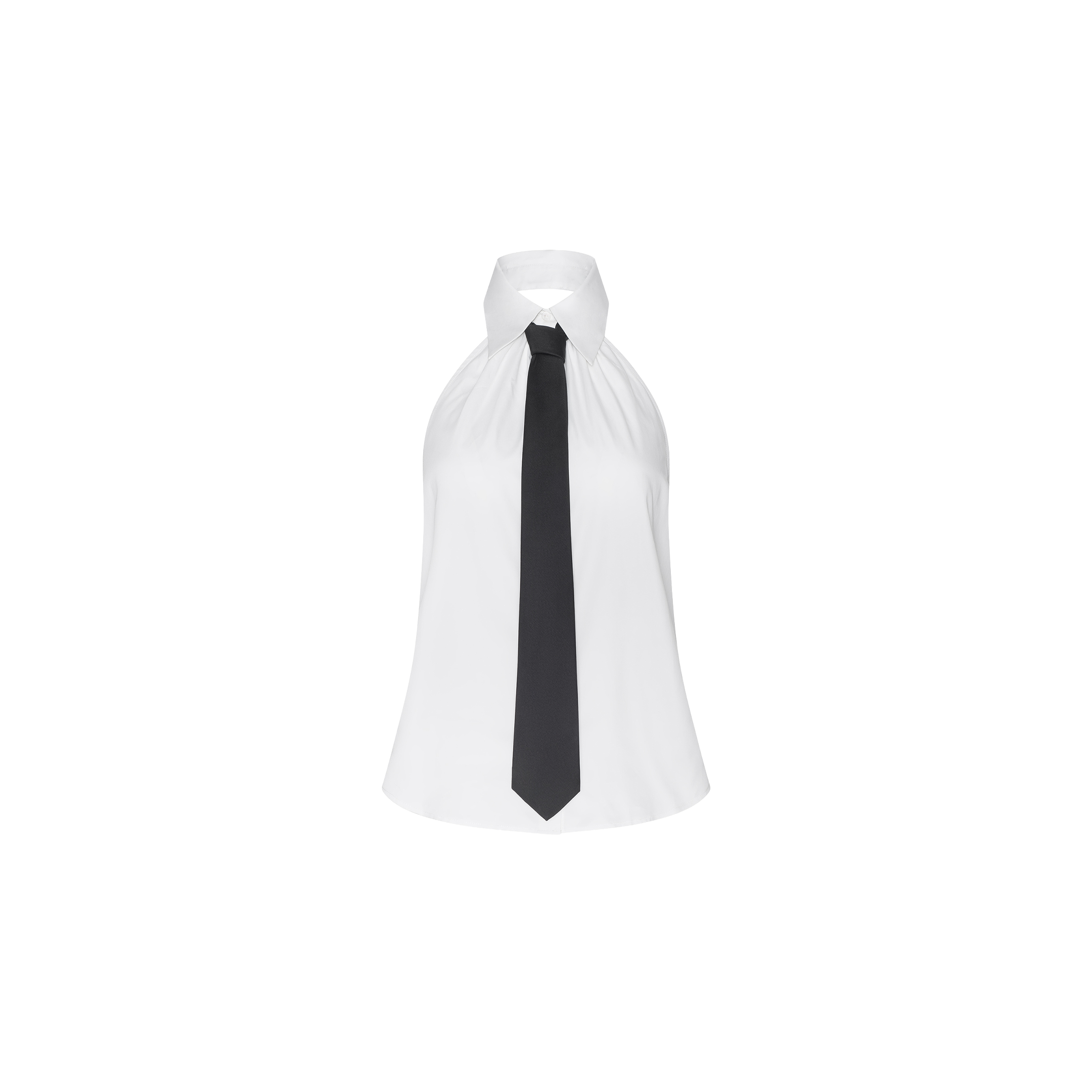 Wren Neck-Tie Top, a sleeveless white halter-neck design featuring a black necktie and inspired by New York Fashion Week, shown against a plain white background.