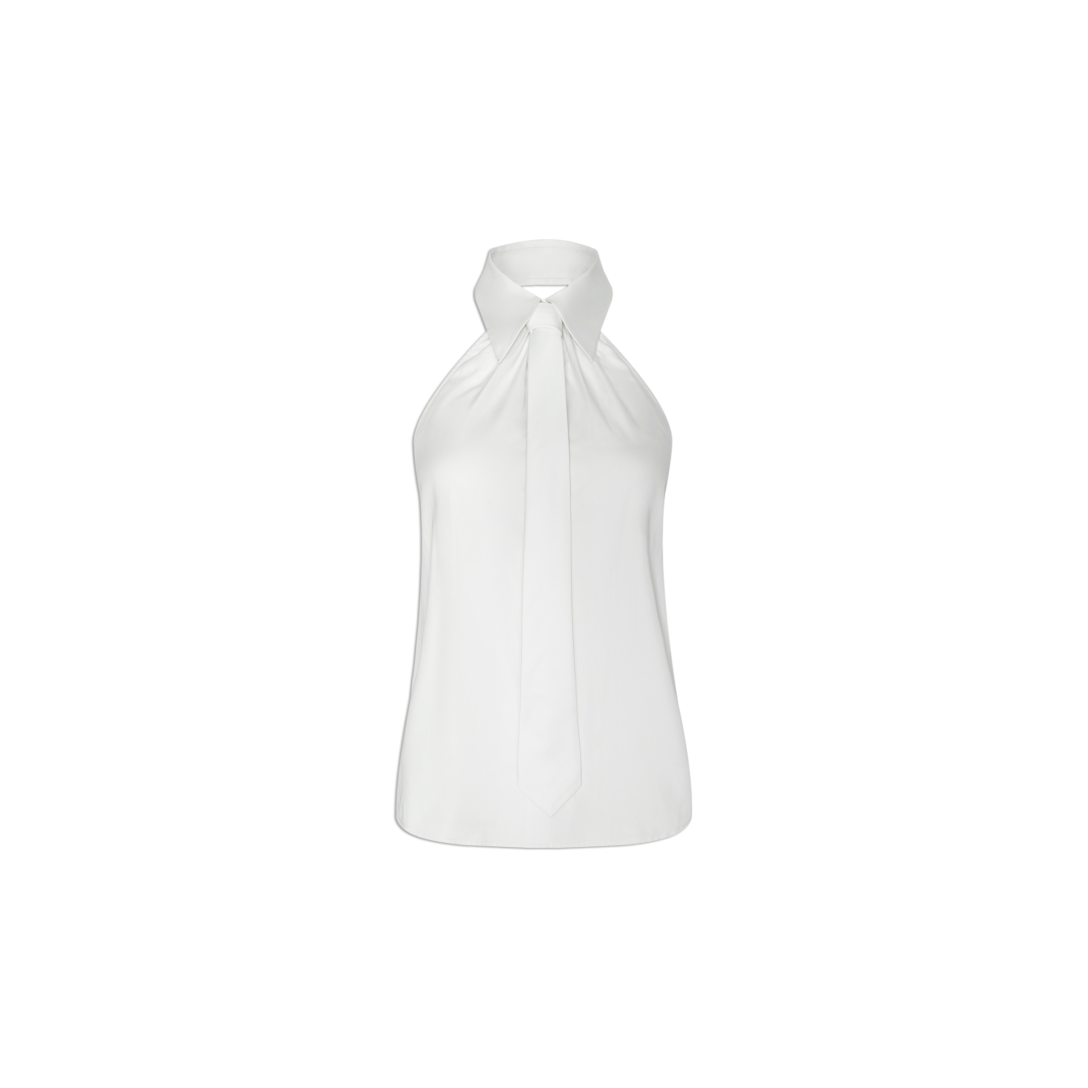 Wren Poplin Top in white, featuring a sleeveless halter silhouette and high neckline, crafted from crisp sateen poplin with a long, narrow front tie detail, shown against a plain white background.