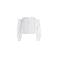 The Sarai Off-the-Shoulder Top is crafted from an organic cotton-blend and features long, loose sleeves with gathered elastic cuffs, shown against a plain white background.
