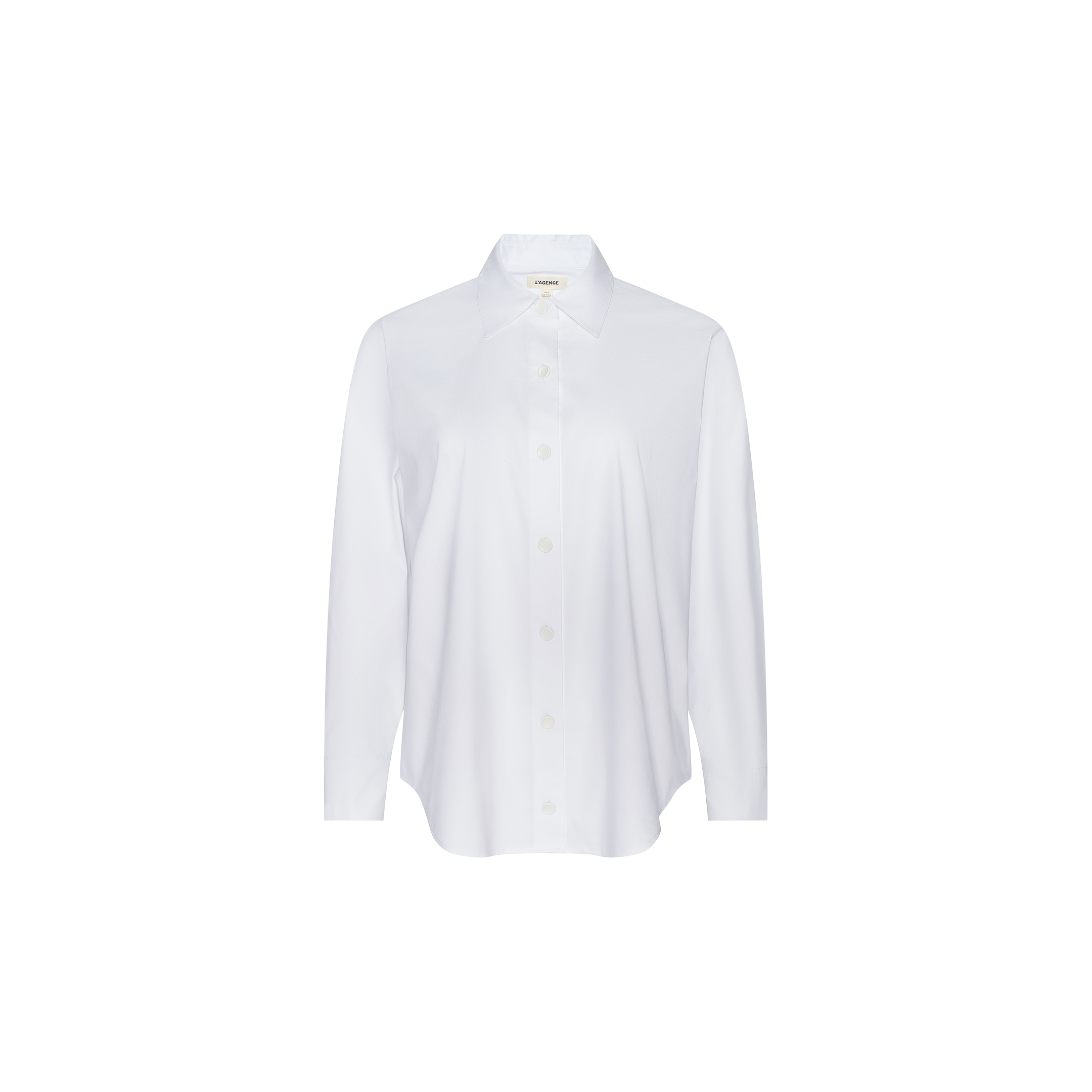 The Rylie Poplin Shirt is a long-sleeved, collared button-down crafted from organic cotton in a relaxed fit, shown here in plain white against a white background.