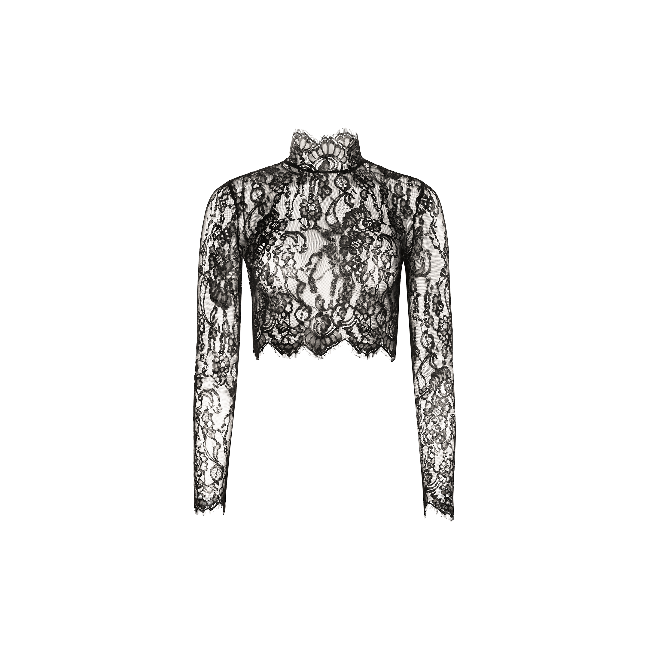 Henriette Cropped Lace Top featuring long sleeves, a high neck, and intricate floral patterns with scalloped hems crafted from delicate Chantilly lace, displayed on a white background.