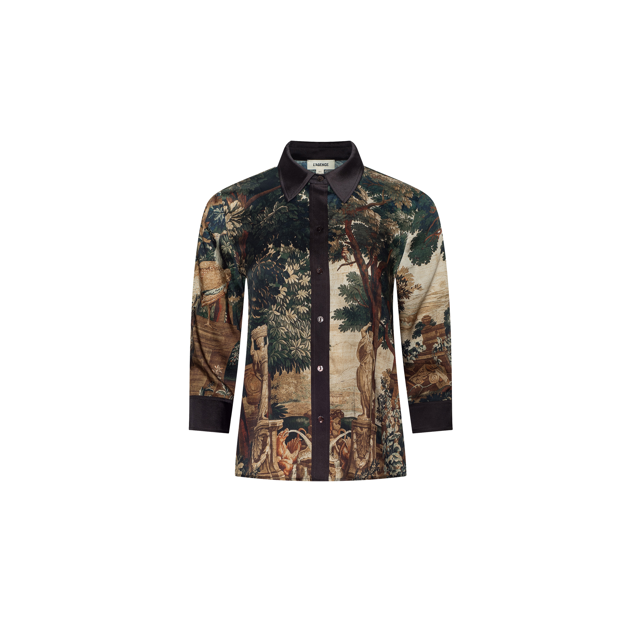 The Eulalie Blouse is a fitted, button-up tapestry print top with a dark collar and an intricate landscape design depicting trees, statues, and people in earthy tones. Featuring three-quarter sleeves and a tailored silhouette, the blouse is displayed against a plain white background.