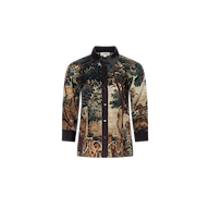 The Eulalie Blouse is a fitted, button-up tapestry print top with a dark collar and an intricate landscape design depicting trees, statues, and people in earthy tones. Featuring three-quarter sleeves and a tailored silhouette, the blouse is displayed against a plain white background.