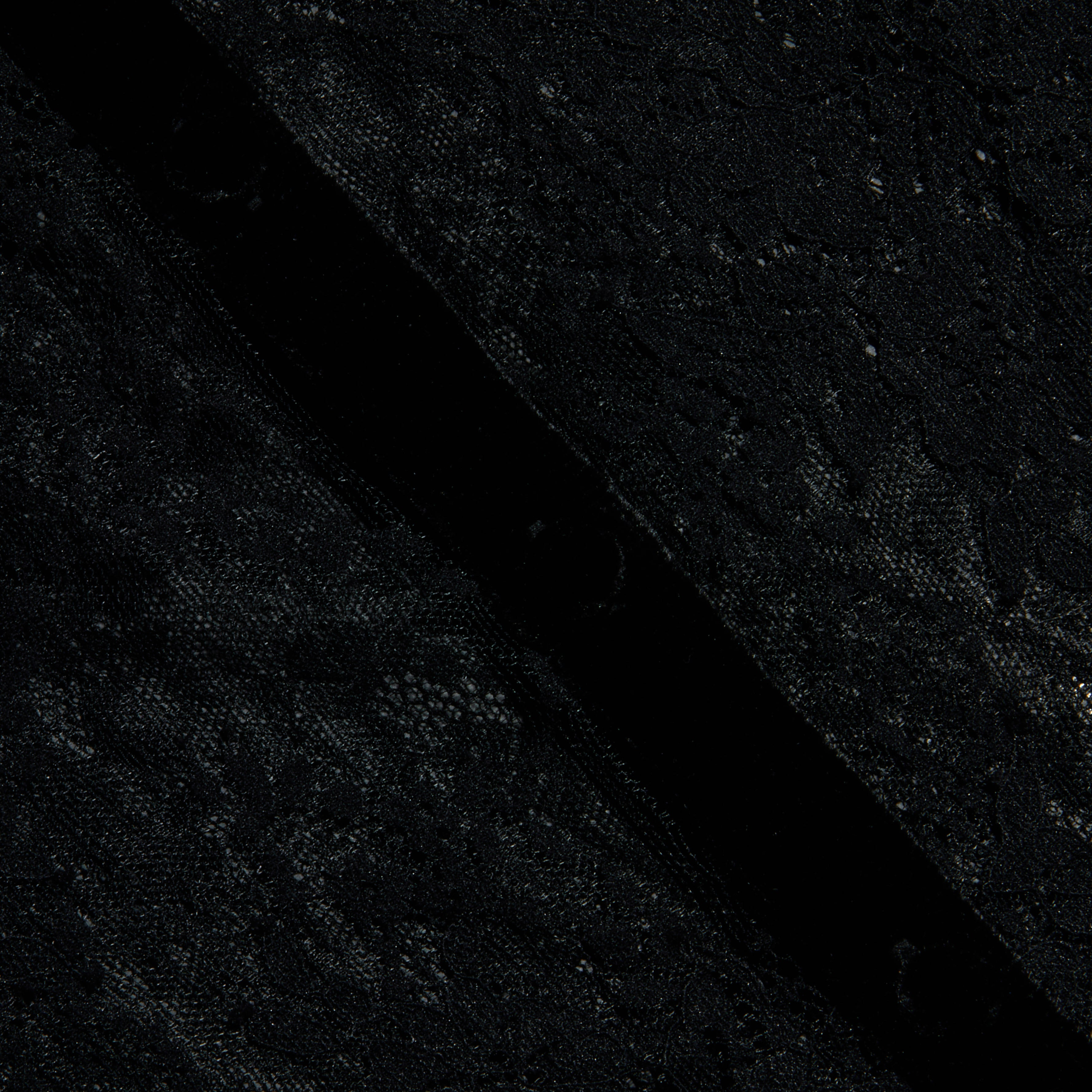 Close-up of the Dorothea Velvet Lace Blouse in black, showcasing Chantilly lace fabric with a dark, velvety strip running diagonally across its textured surface. The blouse features delicate, intricate lace patterns accented with velvet seams.