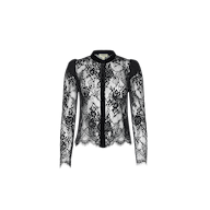 Dorothea Velvet Lace Blouse featuring black Chantilly lace, long sheer sleeves, floral patterns, a scalloped hem, and a button-down front, displayed on a plain white background.