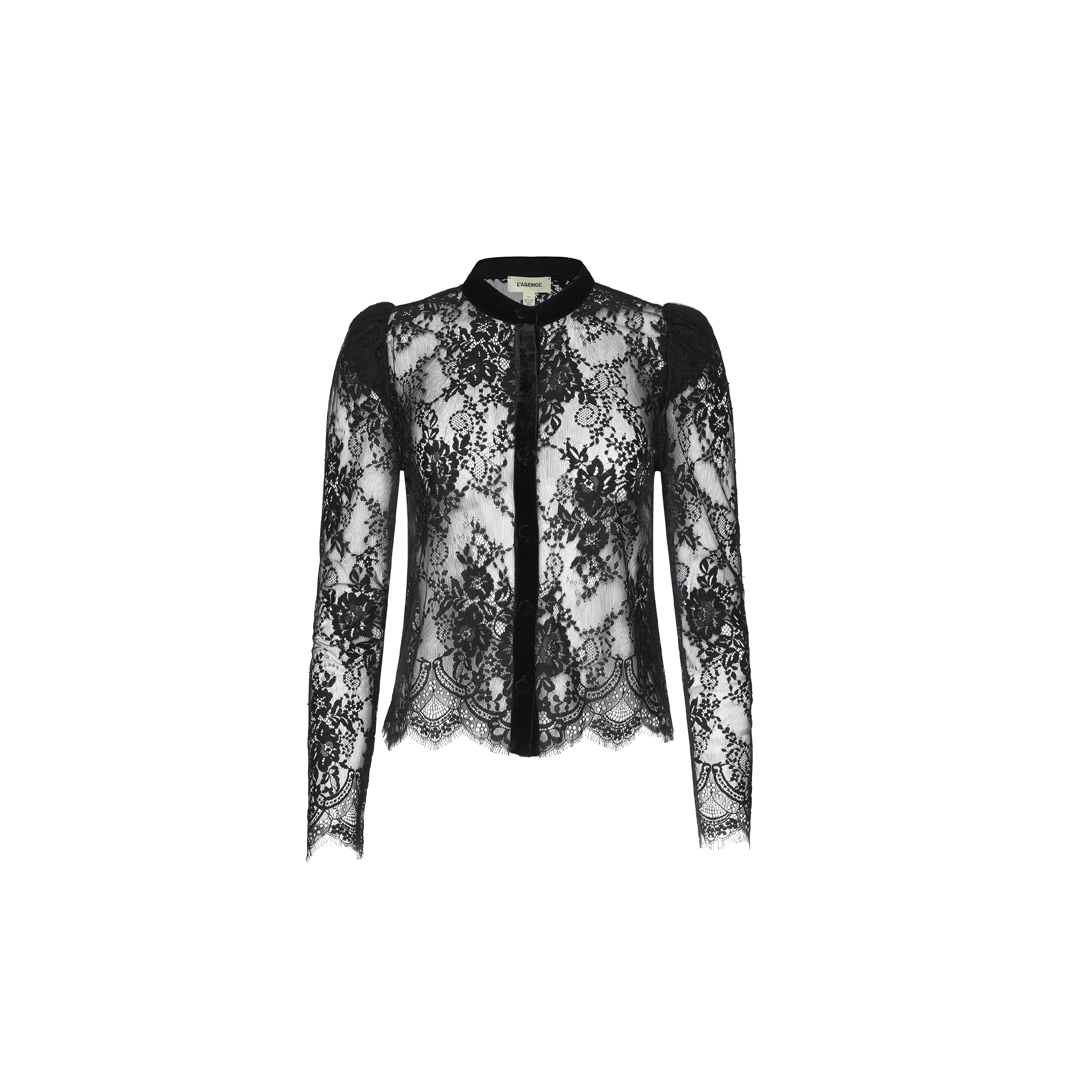 Dorothea Velvet Lace Blouse featuring black Chantilly lace, long sheer sleeves, floral patterns, a scalloped hem, and a button-down front, displayed on a plain white background.
