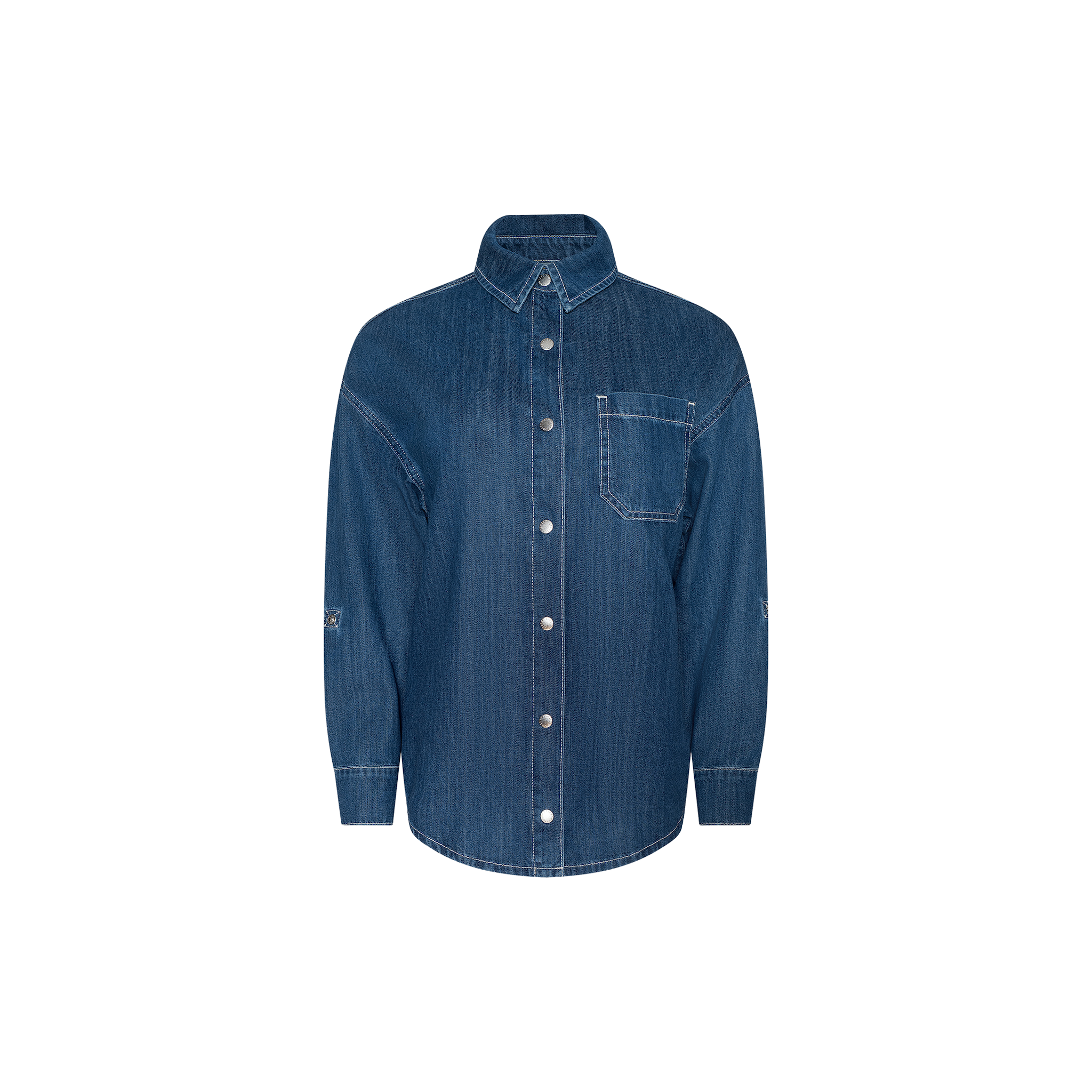 The Jorah Oversized Shirt is a long-sleeve, button-up shirt crafted from featherweight denim, featuring a single chest pocket, visible white stitching, and a classic collar. It is displayed on a plain white background.