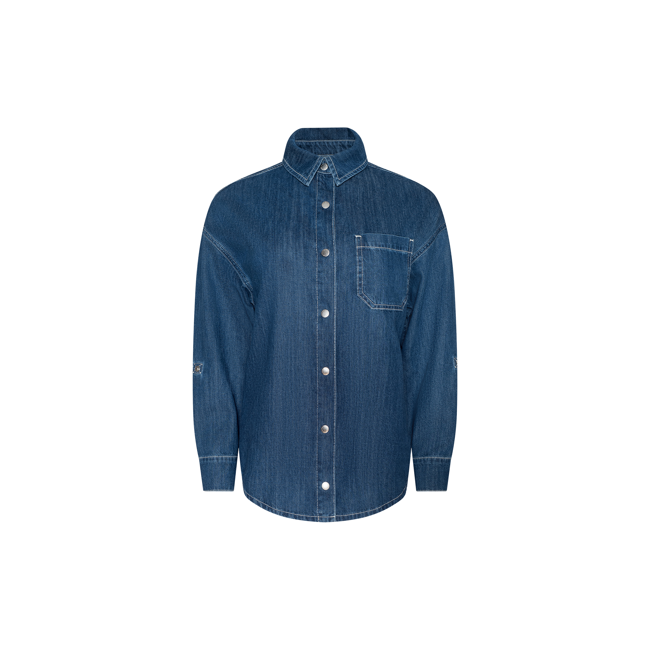 The Jorah Oversized Shirt is a long-sleeve, button-up shirt crafted from featherweight denim, featuring a single chest pocket, visible white stitching, and a classic collar. It is displayed on a plain white background.