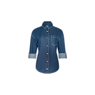 Jorah Oversized Shirt in indigo featherweight denim, featuring long sleeves, a single chest pocket, and rolled cuffs, displayed on a plain white background.