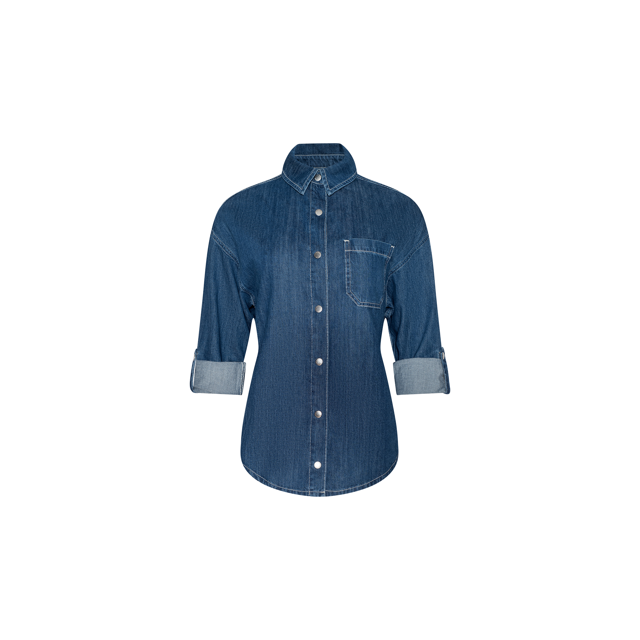 Jorah Oversized Shirt in indigo featherweight denim, featuring long sleeves, a single chest pocket, and rolled cuffs, displayed on a plain white background.