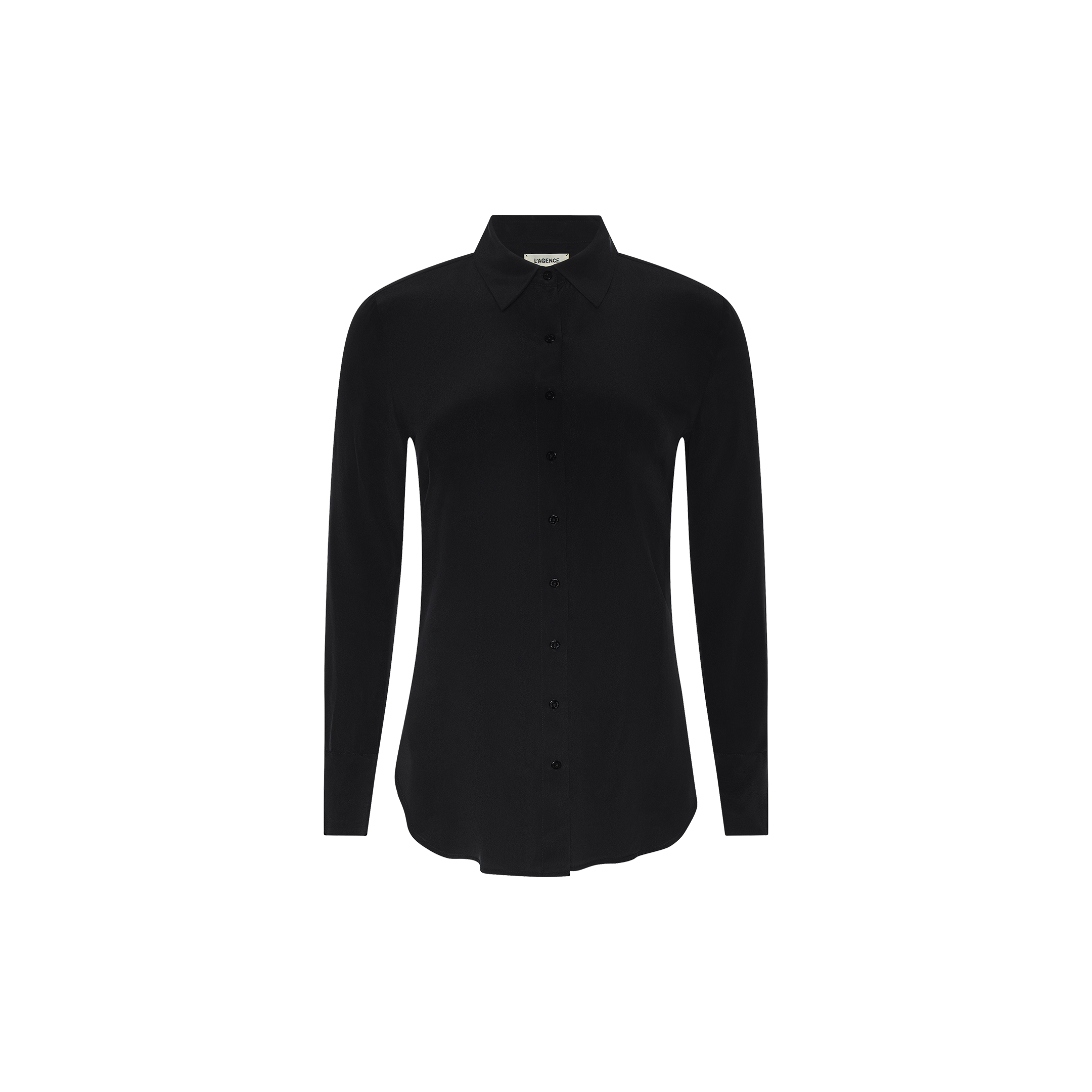 The Babette Silk Blouse is a plain black, long-sleeve, button-up shirt with a collar, crafted in crepe de chine for a relaxed fit and displayed on a white background.