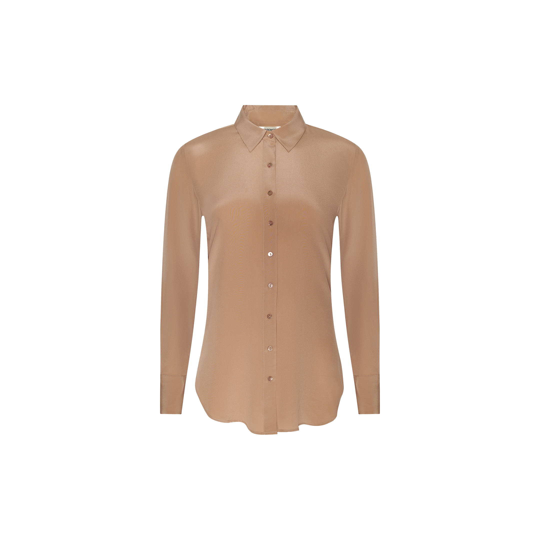 Babette Silk Blouse in light brown, featuring long sleeves, a button-up front, a classic collar, and a relaxed fit, crafted from crepe de chine and displayed against a plain white background.