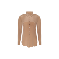 Babette Silk Blouse in light brown, featuring long sleeves, a button-up front, a classic collar, and a relaxed fit, crafted from crepe de chine and displayed against a plain white background.
