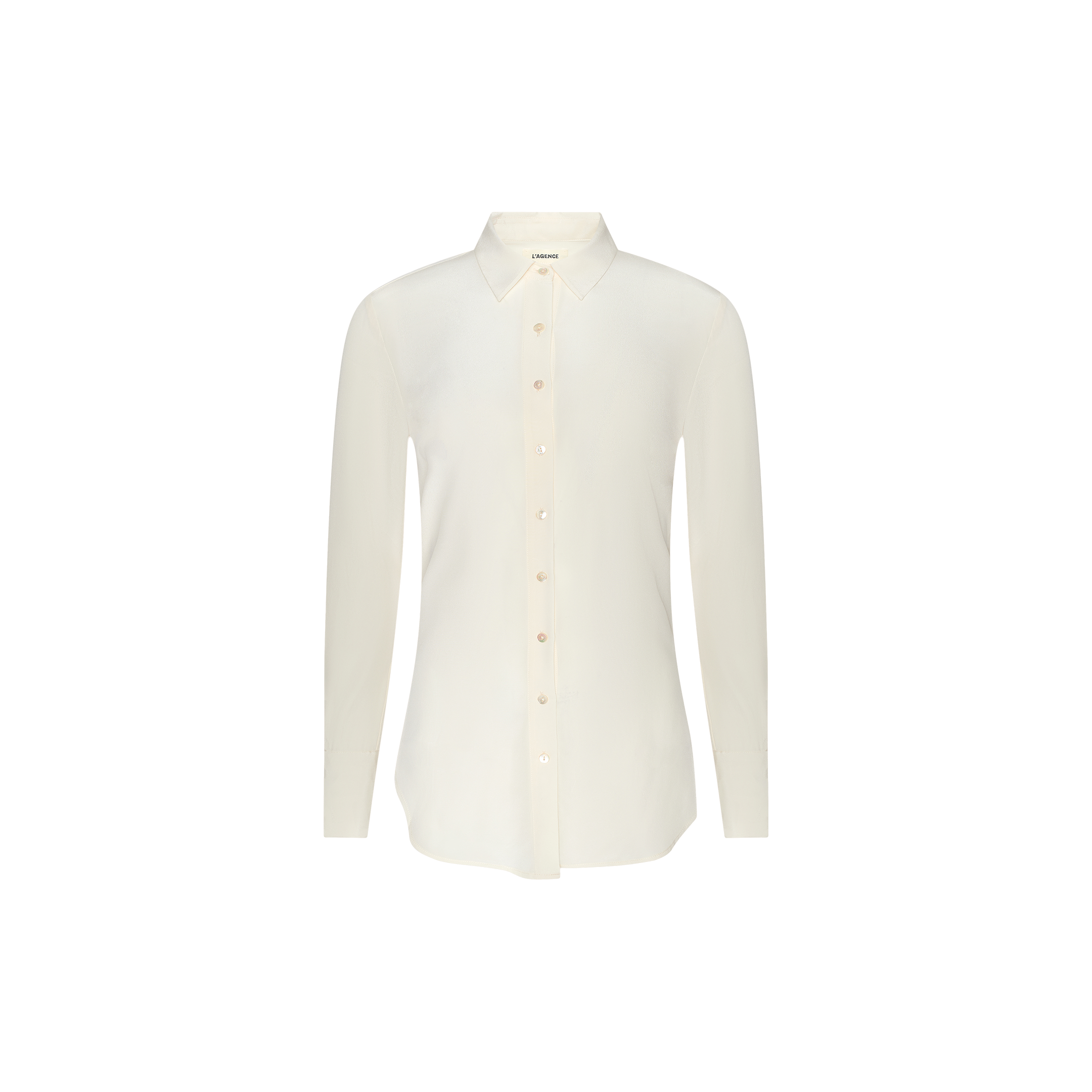 Babette Silk Blouse: A long-sleeve, off-white silk blouse featuring a pointed collar and relaxed fit, displayed on a plain white background.