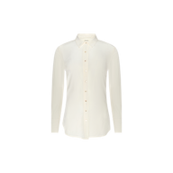 Babette Silk Blouse: A long-sleeve, off-white silk blouse featuring a pointed collar and relaxed fit, displayed on a plain white background.