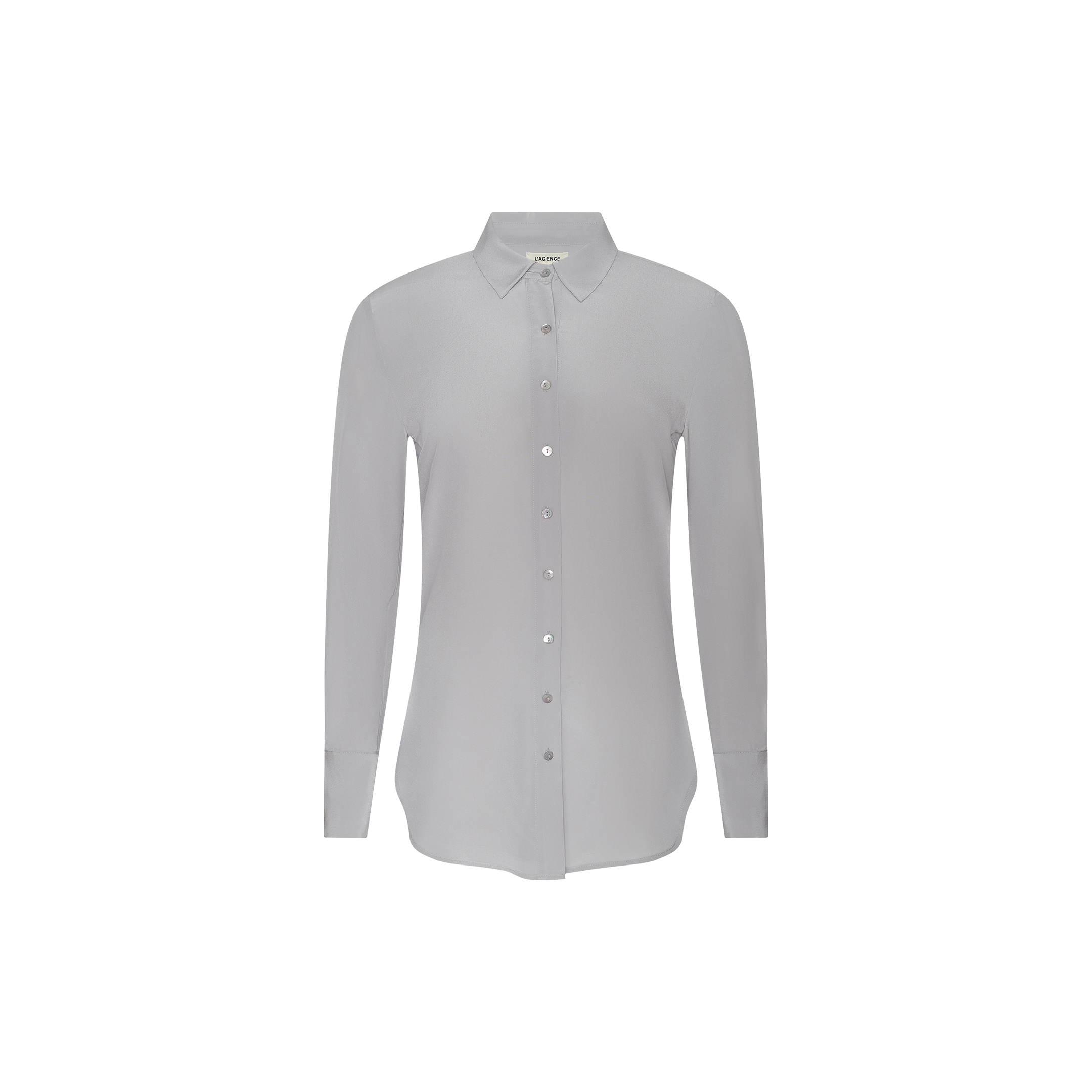 The Babette Silk Blouse is a light gray, long-sleeve button-down with a pointed collar and relaxed fit, crafted from soft crepe de chine and shown on a plain white background.