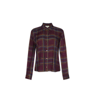 The Suzette Shirt is a long-sleeve, button-down plaid shirt with a maroon and multicolor pattern and a high-low hemline, shown against a plain white background.