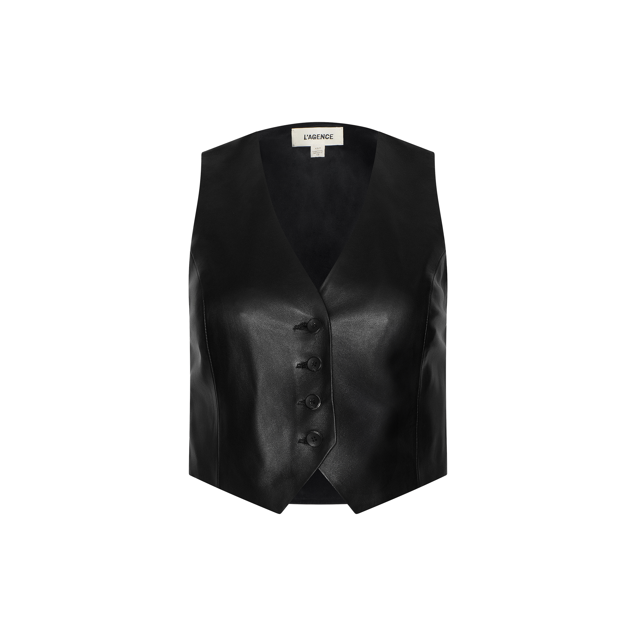 Jianna Leather Vest—a black, cropped leather vest featuring a V-neckline and four front buttons, inspired by Fall 2026 fashion trends and presented in the style of New York Fashion Week—displayed against a plain white background.