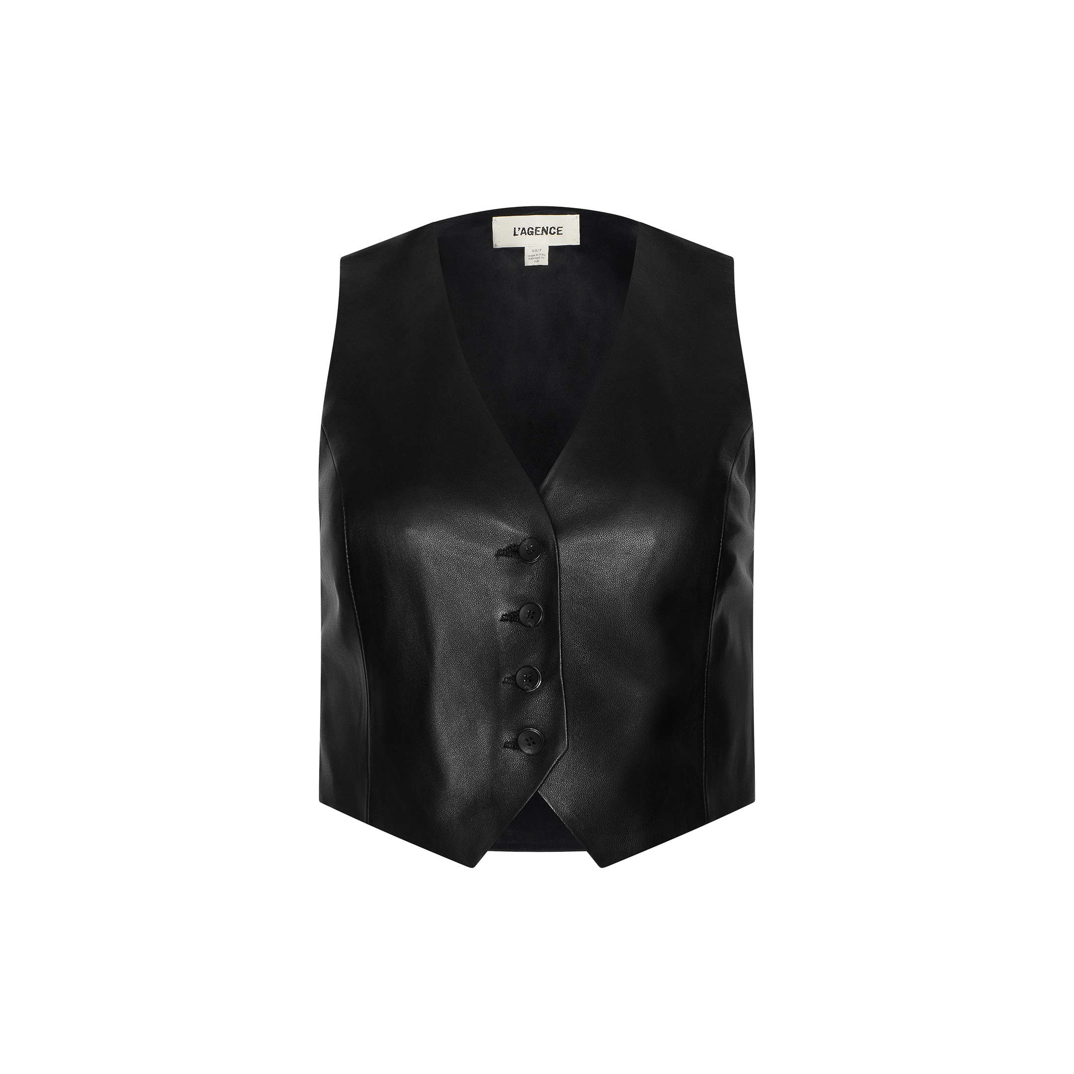 Jianna Leather Vest—a black, cropped leather vest featuring a V-neckline and four front buttons, inspired by Fall 2026 fashion trends and presented in the style of New York Fashion Week—displayed against a plain white background.
