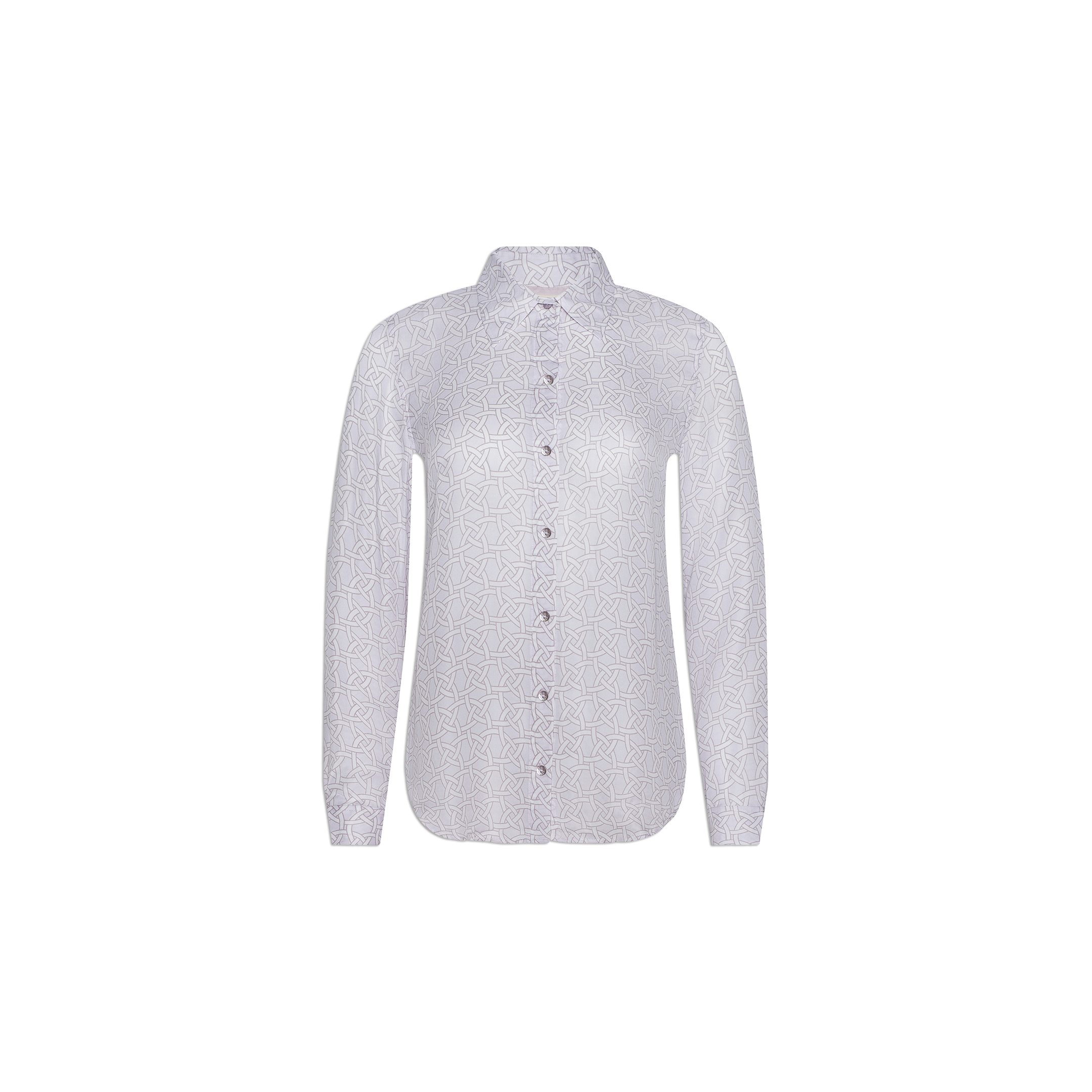 The Nina Silk Blouse is a long-sleeve, button-down shirt featuring a subtle geometric print in light grey. Its relaxed fit is showcased against a plain white background.
