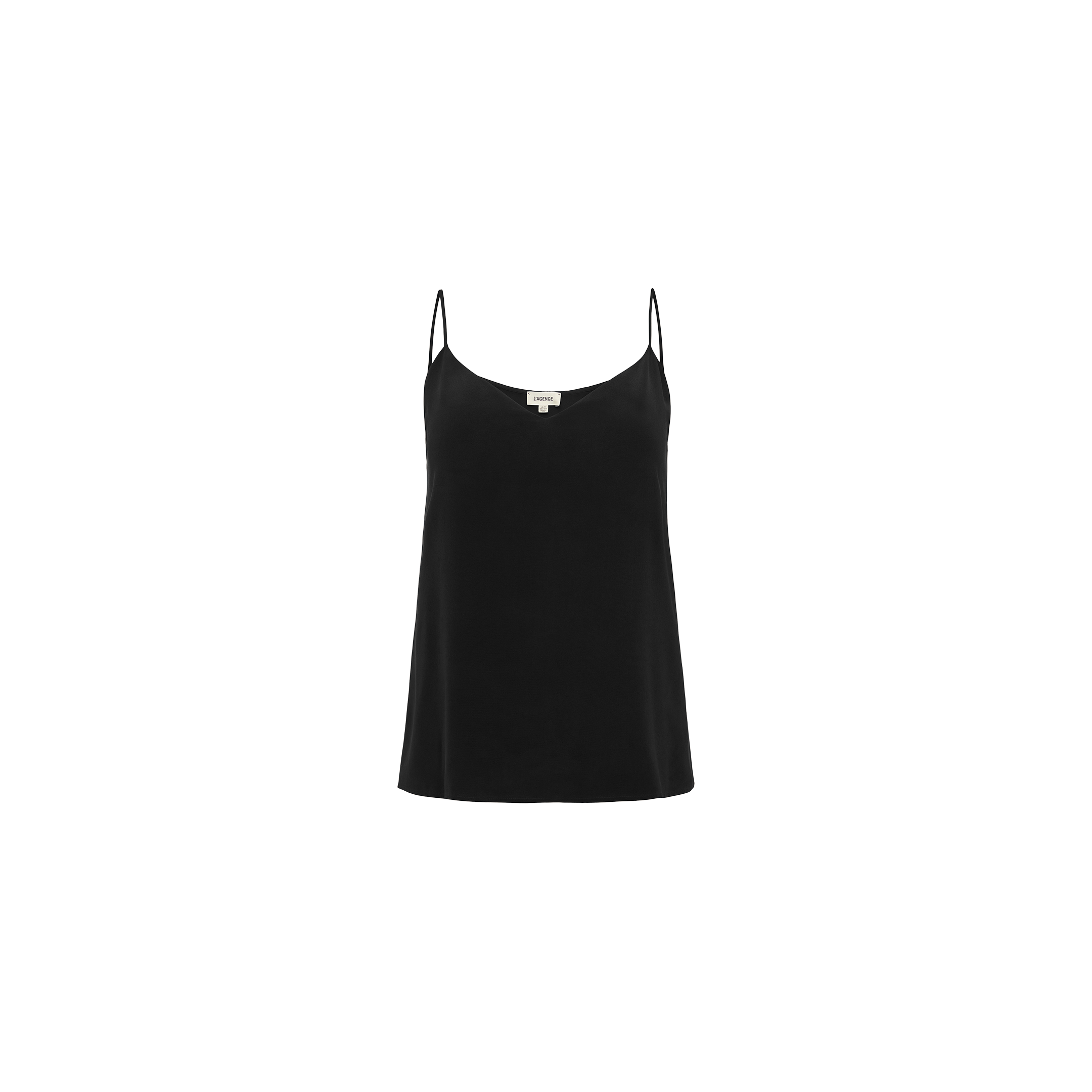 The Jane Silk Camisole is a black bias-cut silk top with thin adjustable straps and a scoop neckline, showcased against a plain white background.