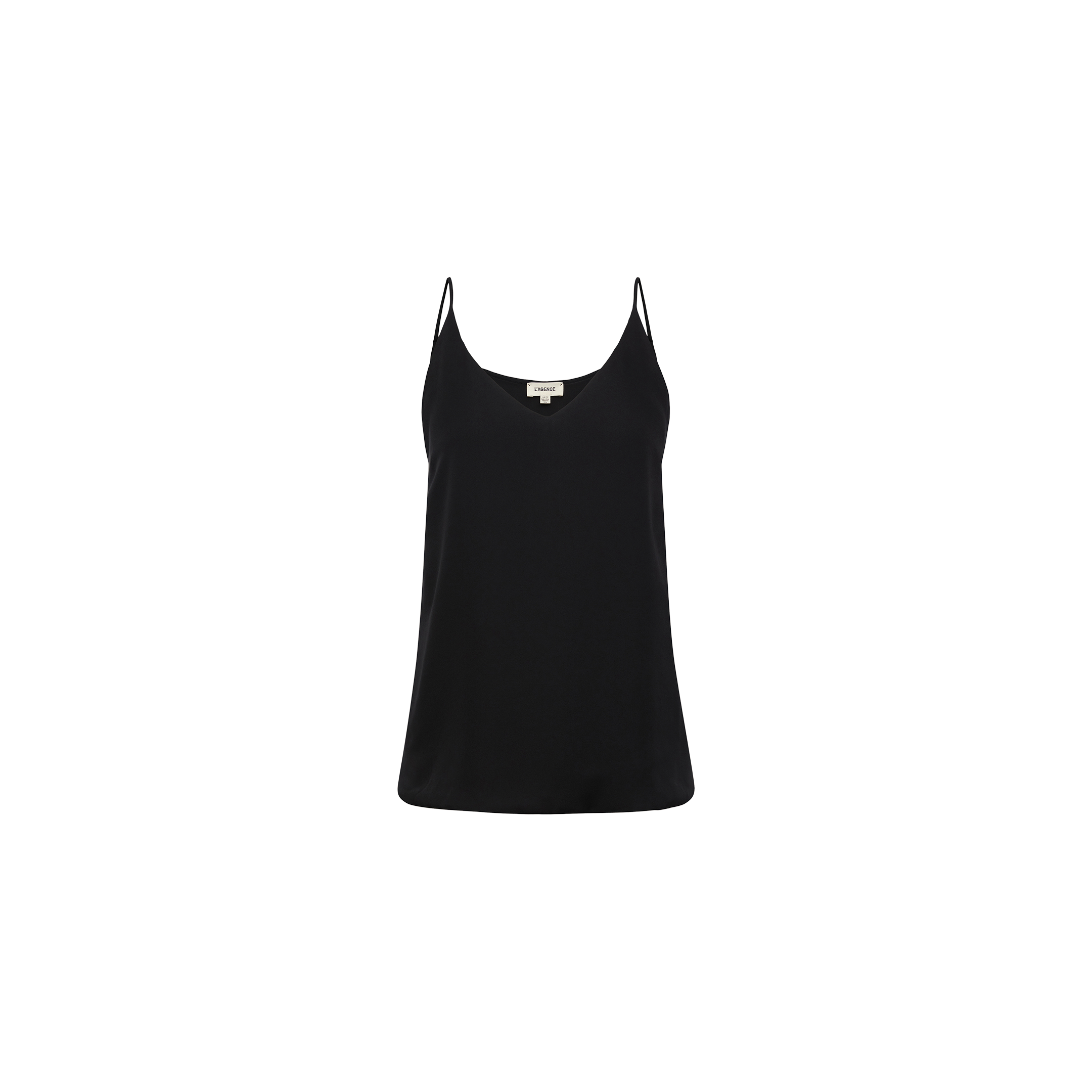 The Gabriella Silk Camisole is a sleek black piece with thin spaghetti straps, perfect for layering, shown against a plain white background.